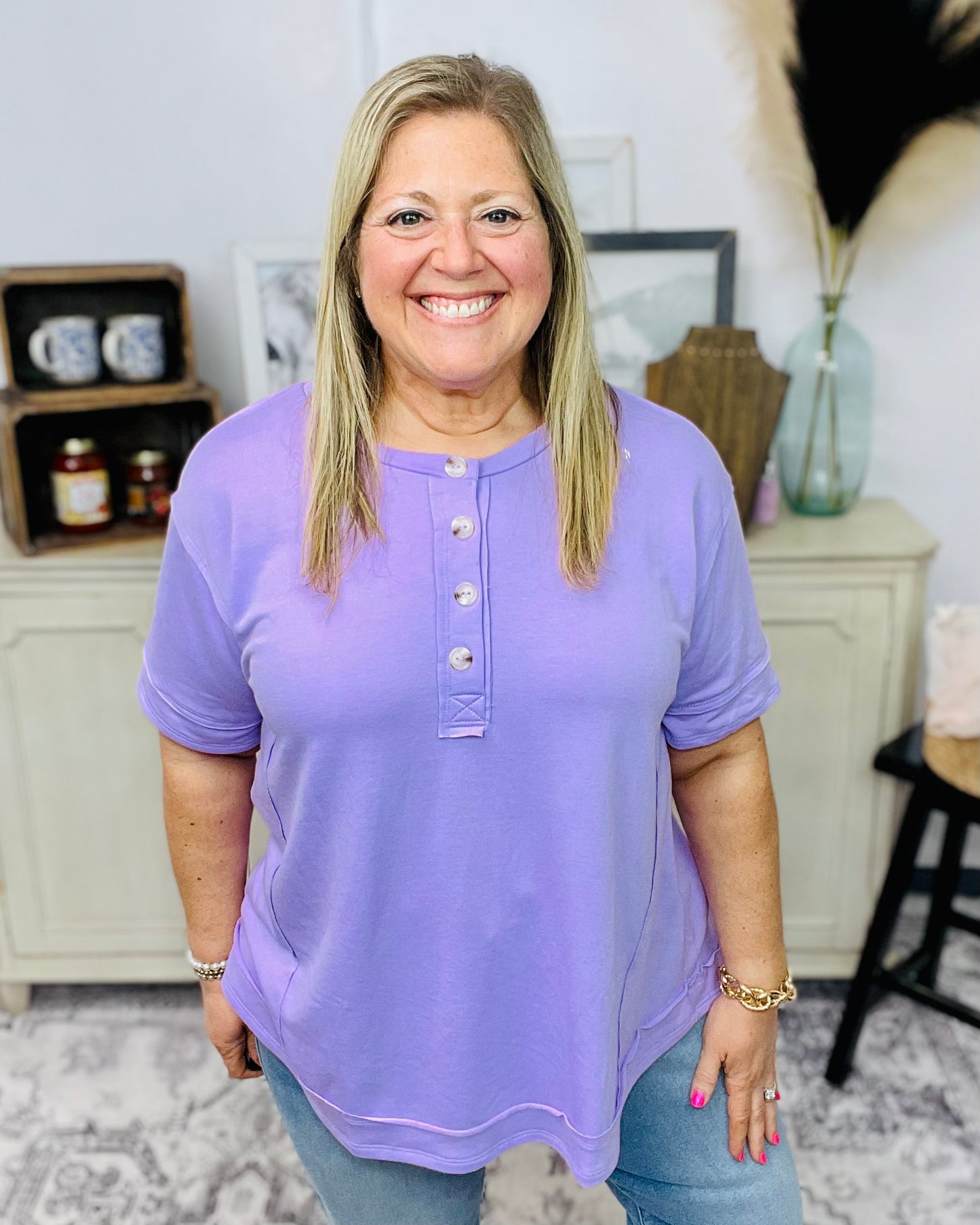 Front Button Detail Terry Cloth Top: LILAC