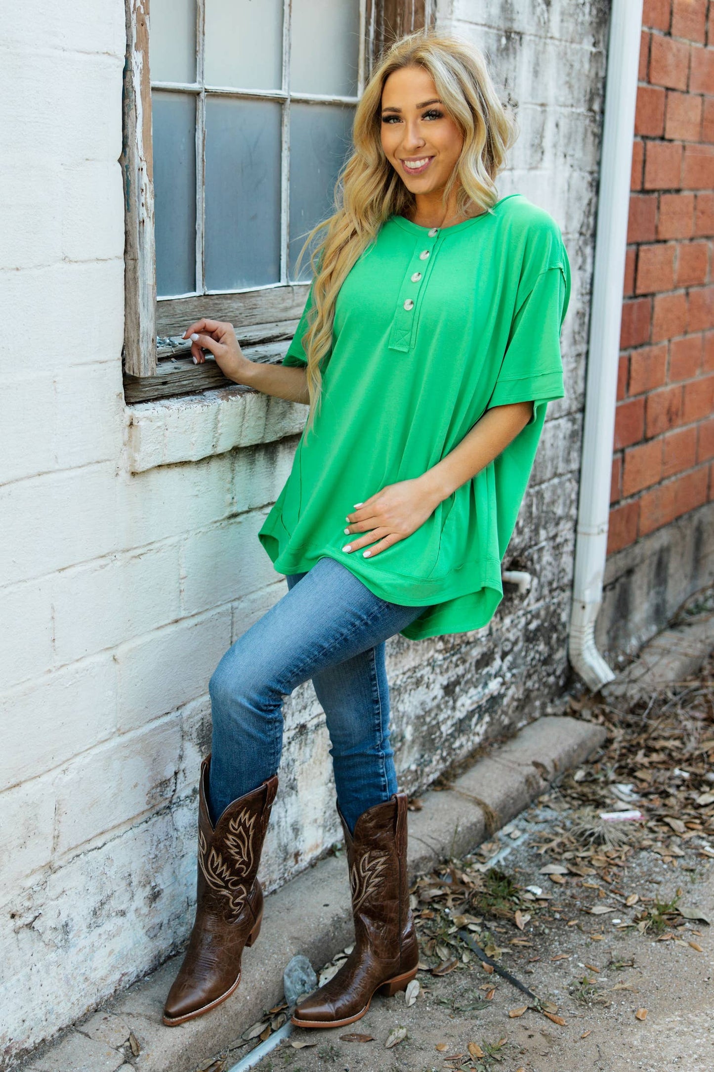 Front Button Detail Terry Cloth Top: KELLY GREEN