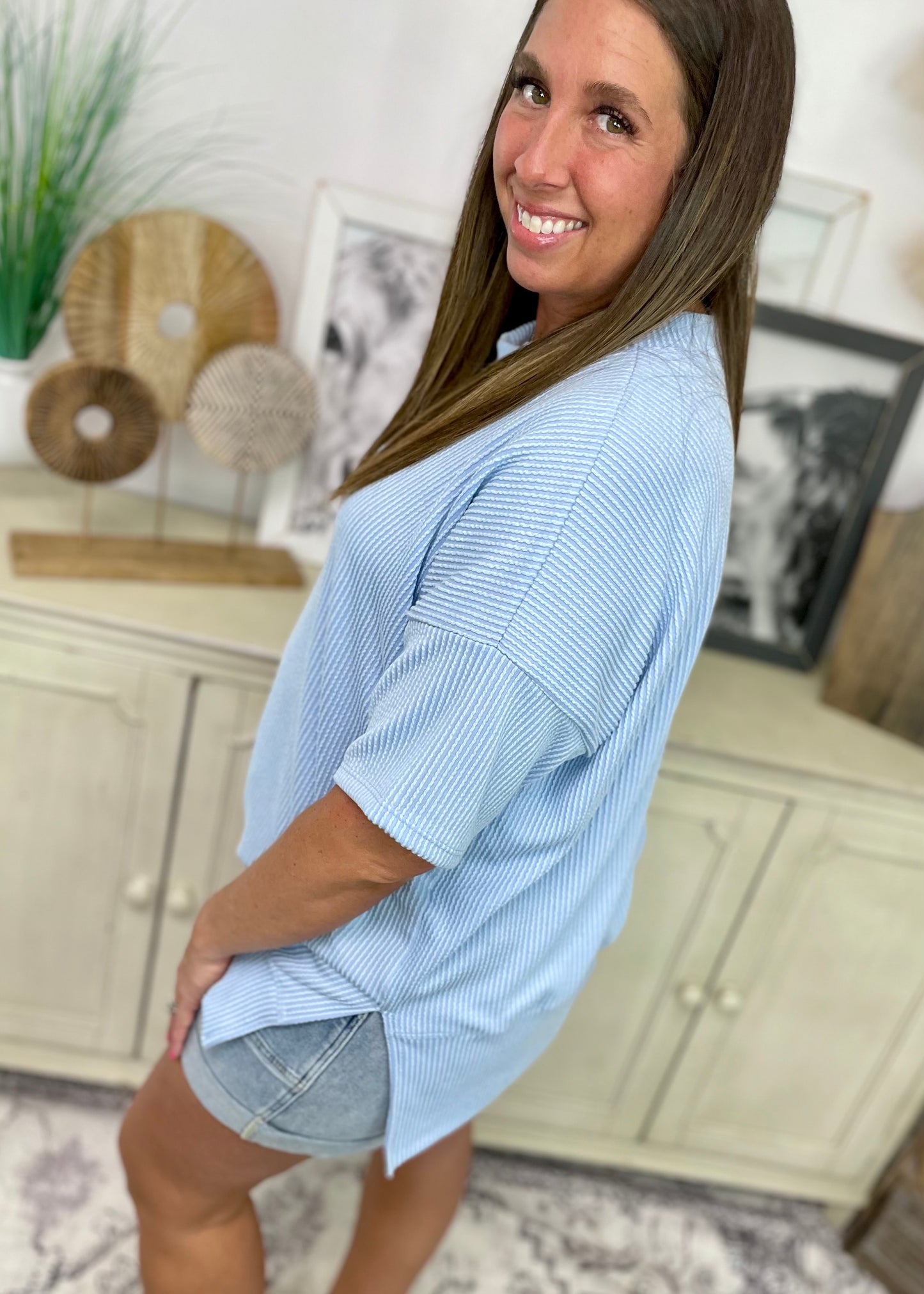 Powder Blue - Short Sleeve Oversized Ribbed Knit Top