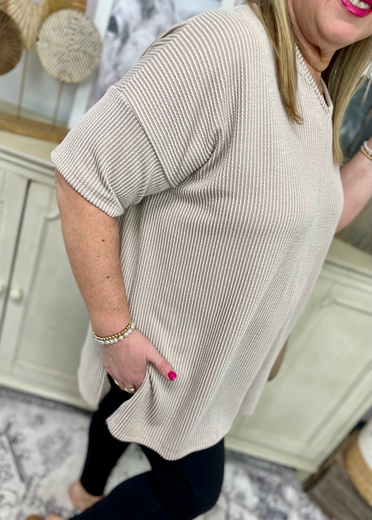 Sand - V Neck Oversized Ribbed Knit Top