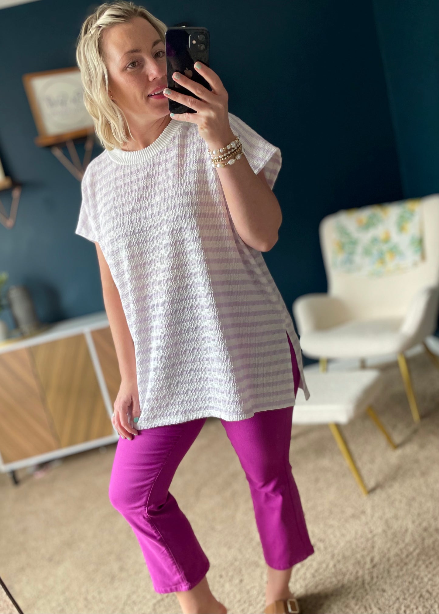 Lavender - Bubble Cap Sleeve Striped Tunic