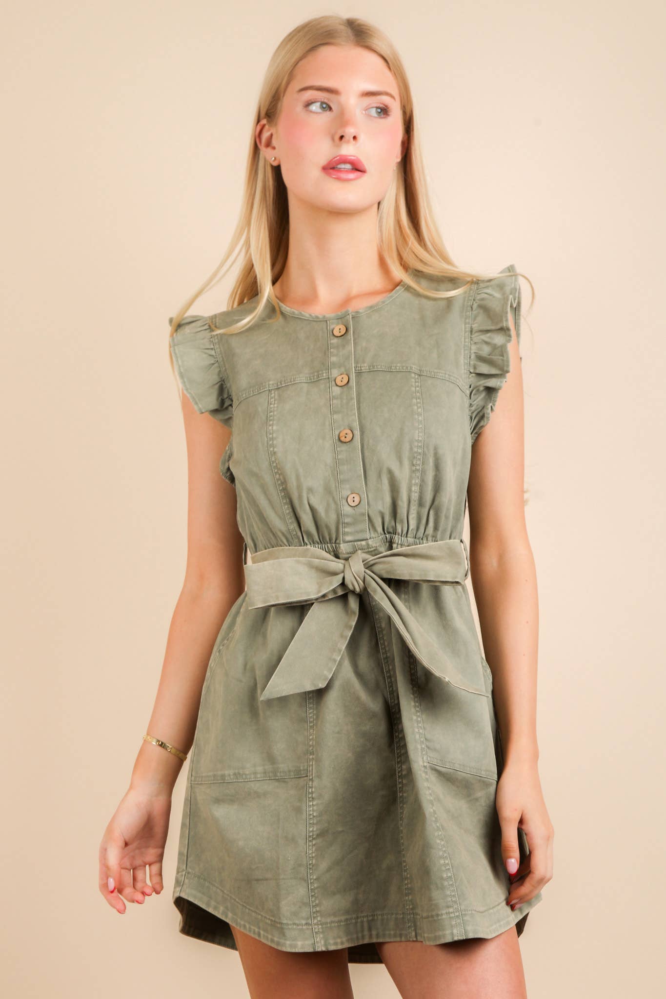 Washed Chambray Ruffle Detail Mini Dress: INDIGO