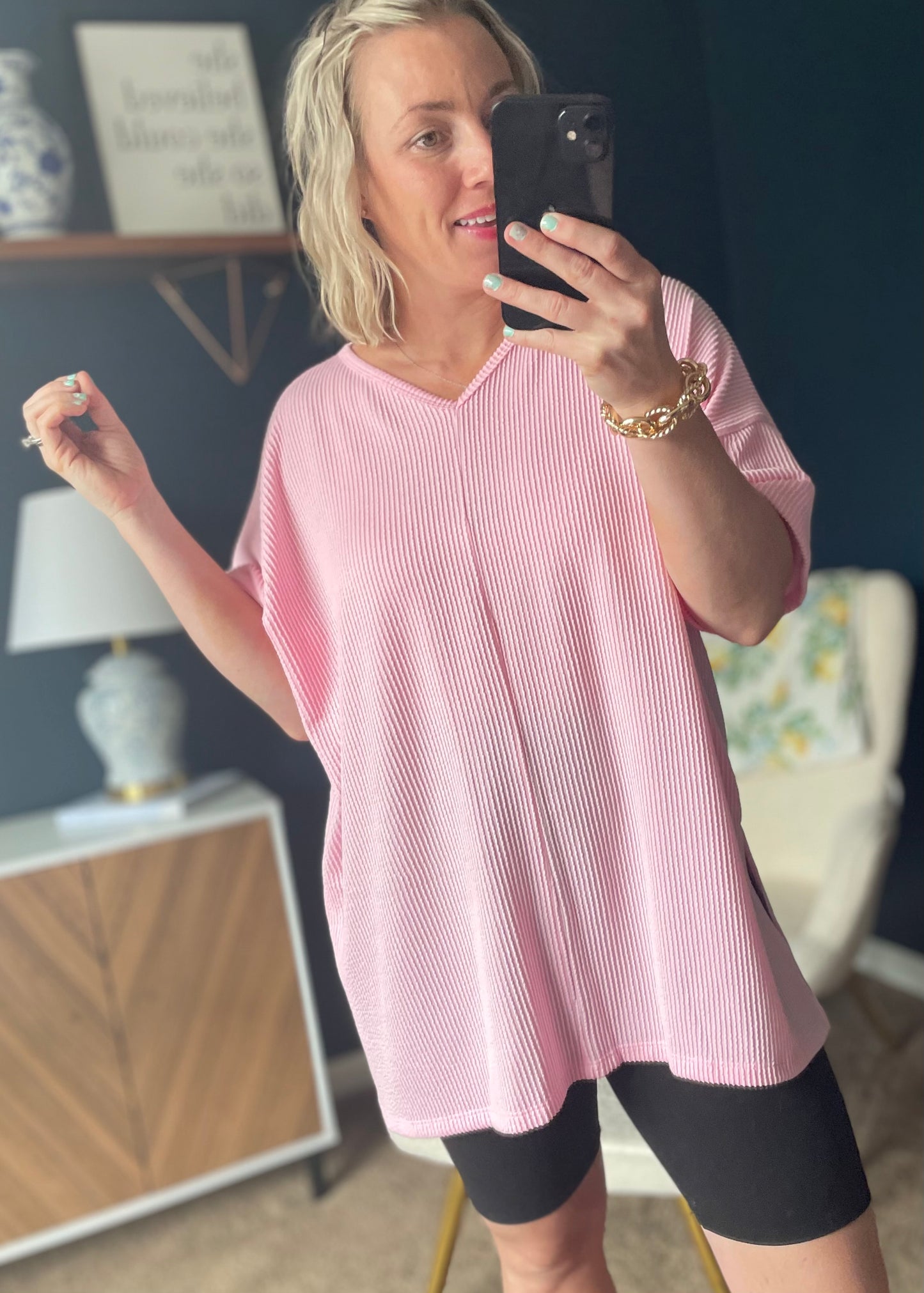 Light Pink - V Neck Oversized Ribbed Knit Top