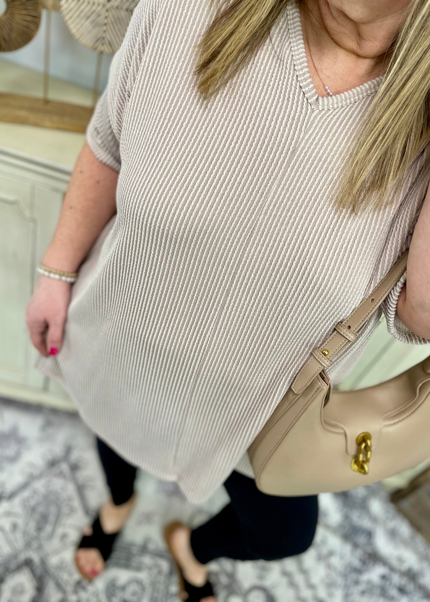 Sand - V Neck Oversized Ribbed Knit Top