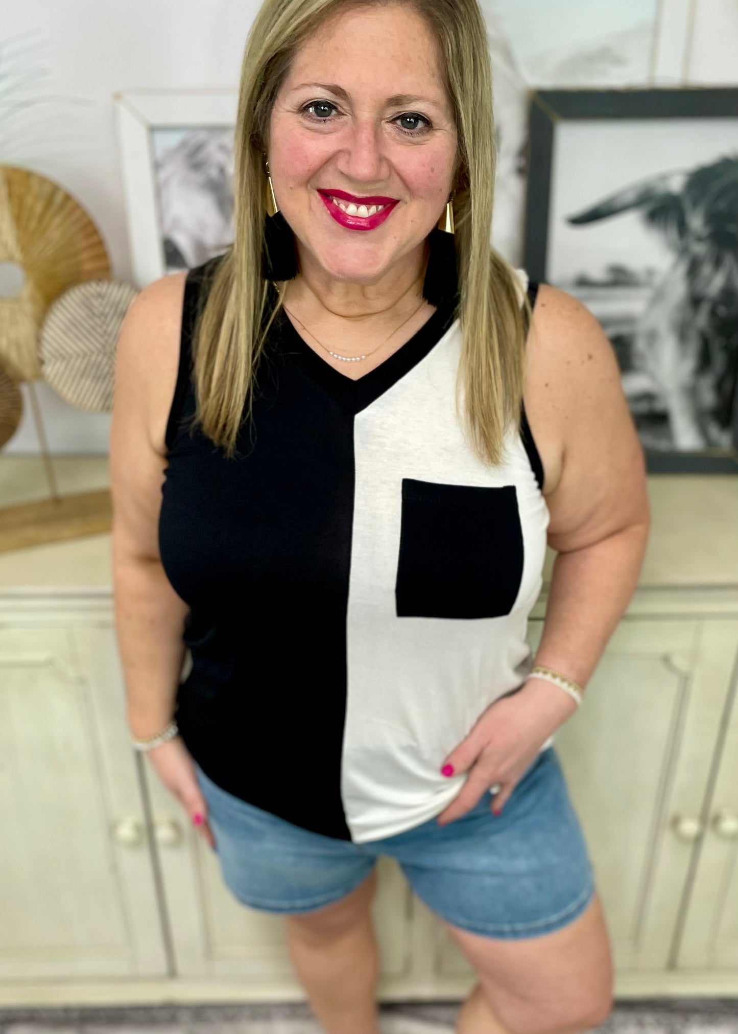 Ebony & Ivory V Neck Sleeveless Top