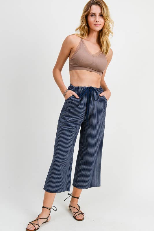 Cropped Wide Leg Pant W/ Front Drawstring - Navy