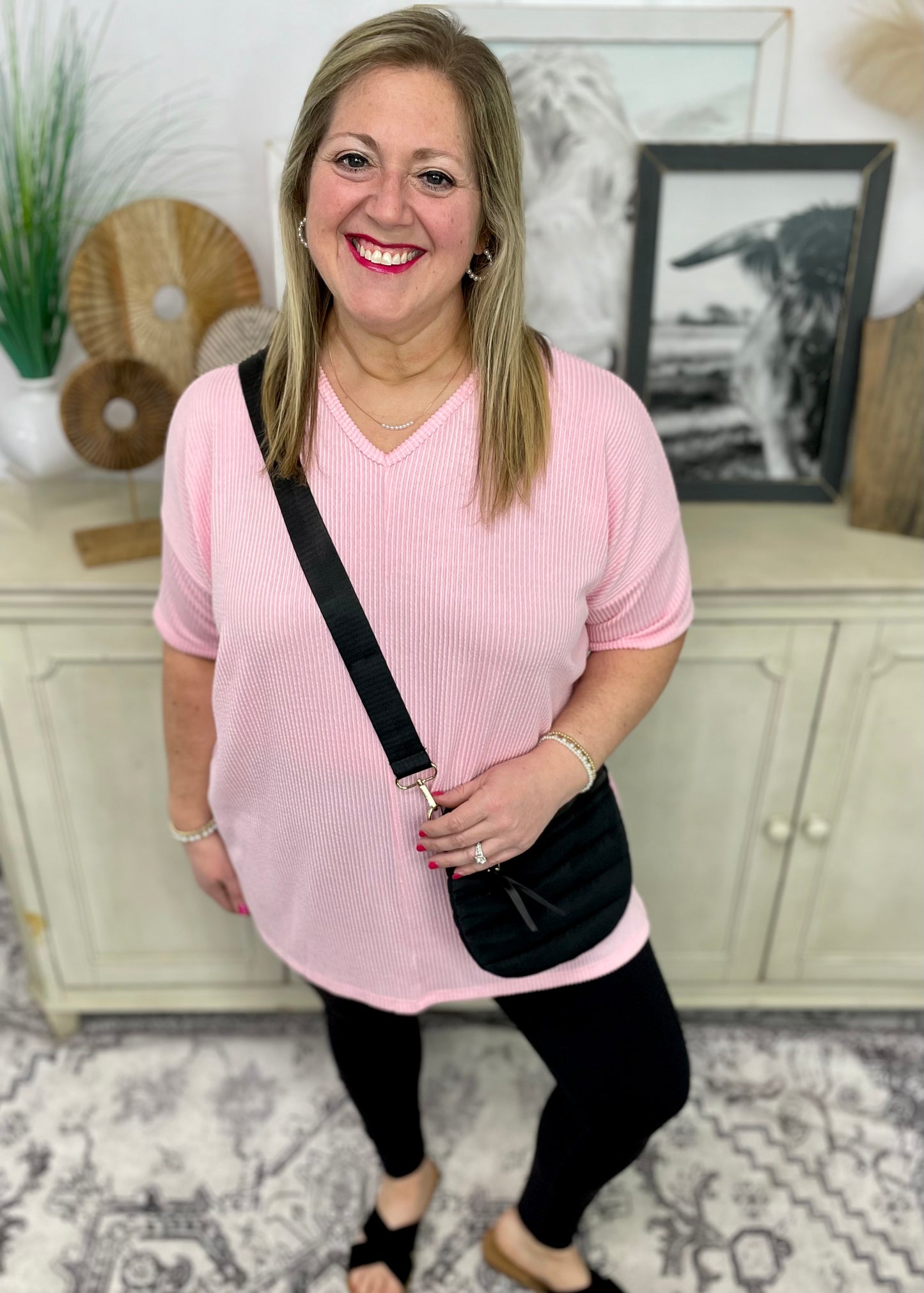 Light Pink - V Neck Oversized Ribbed Knit Top