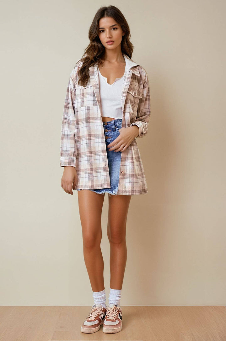 Beige Campfire Plaid Hooded Jacket