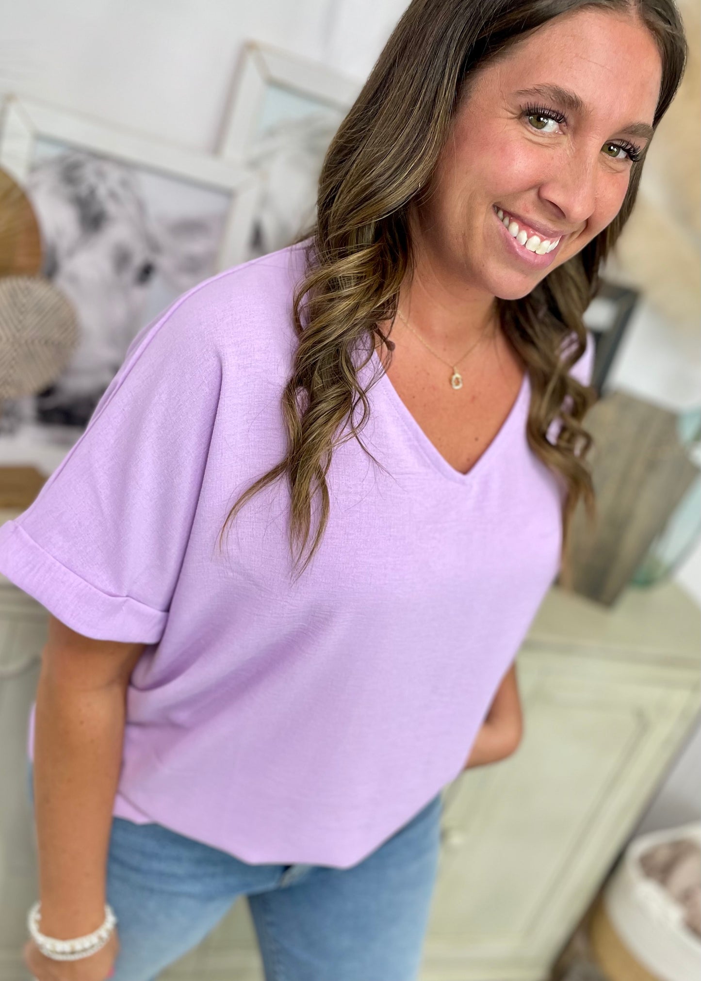 Lilac - Dolman Sleeve V Neck Blouse Top