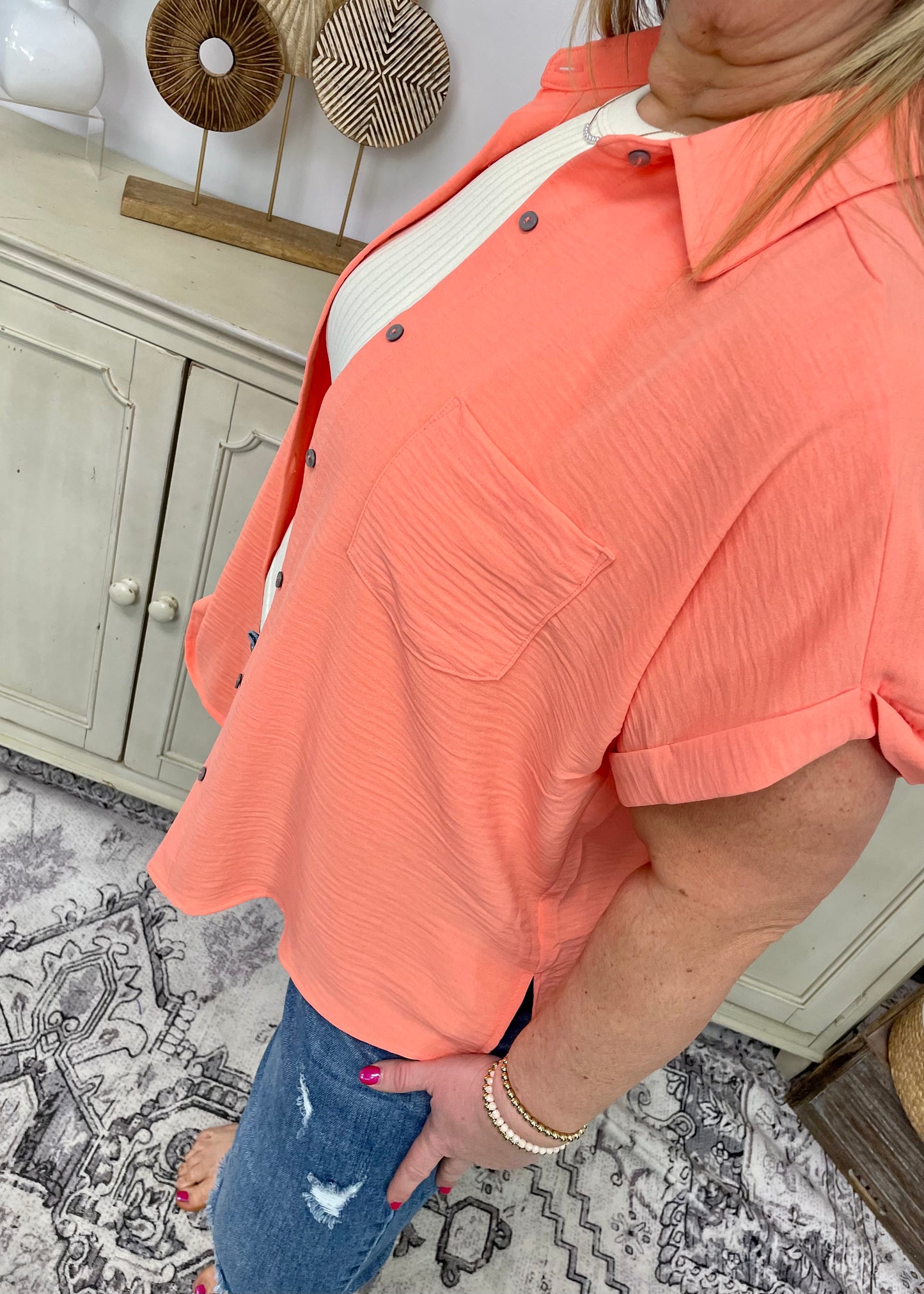 Coral Sunlit Breeze Button Down Top