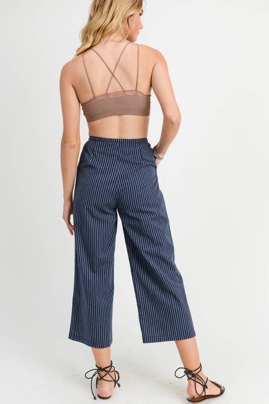 Cropped Wide Leg Pant W/ Front Drawstring - Navy