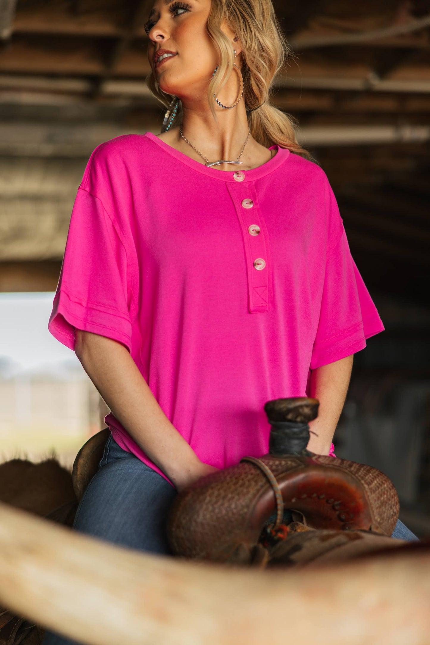 Front Button Detail Terry Cloth Top: LILAC