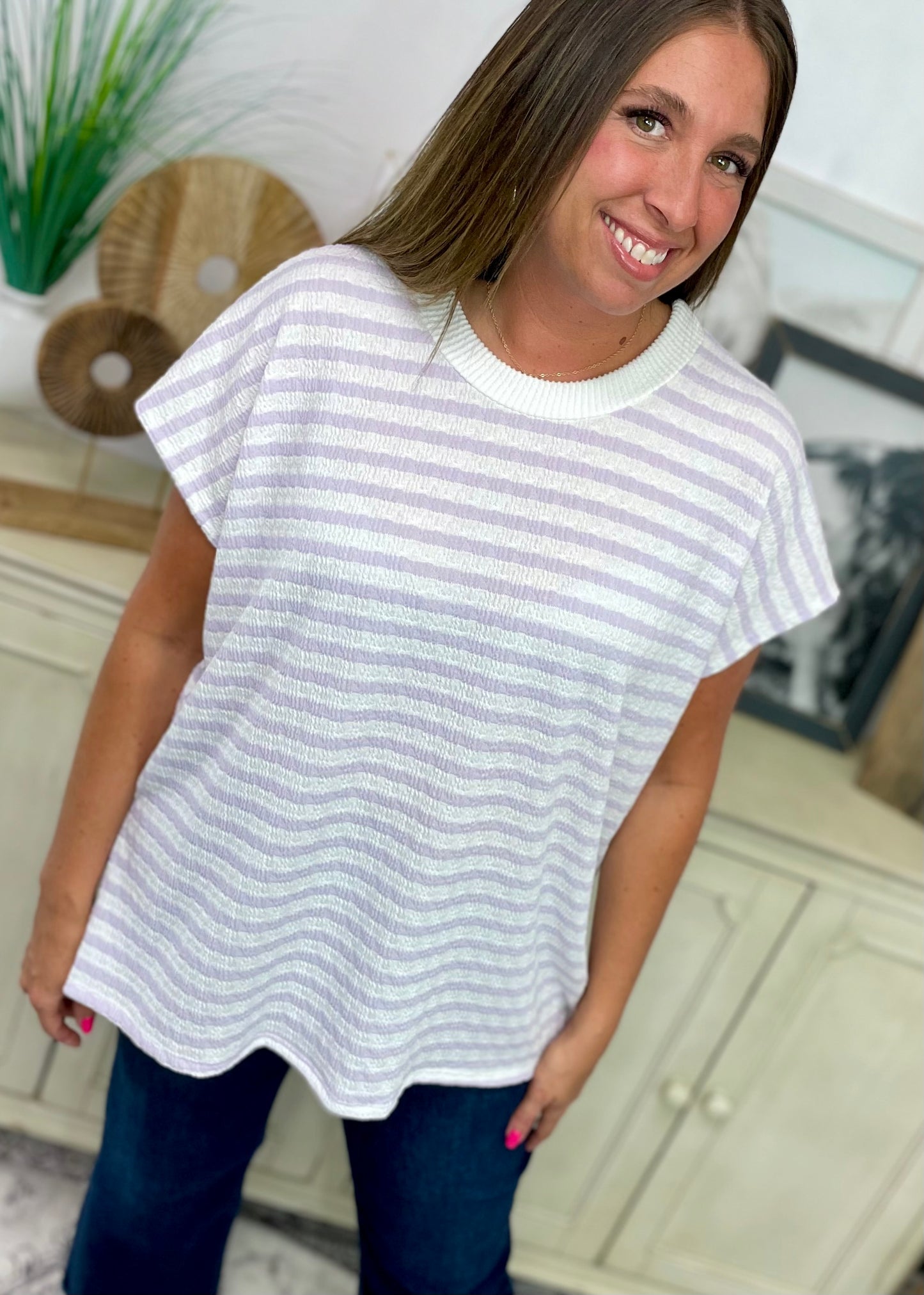Lavender - Bubble Cap Sleeve Striped Tunic