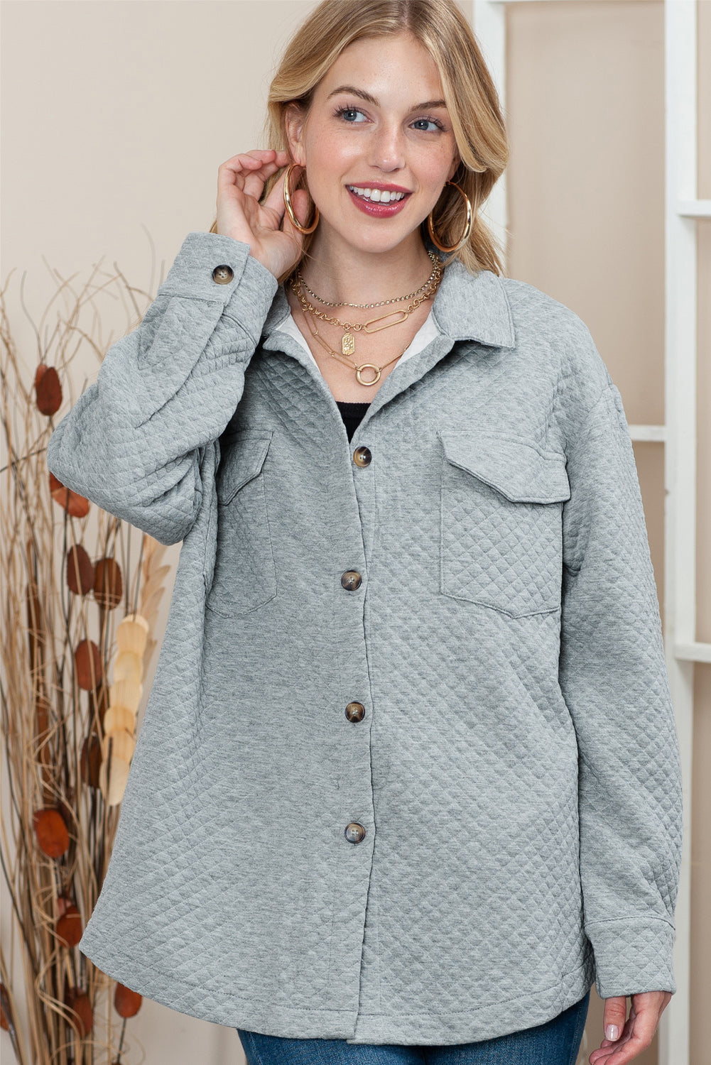 Lattice Texture Pockets Button Up Shacket - PREORDER
