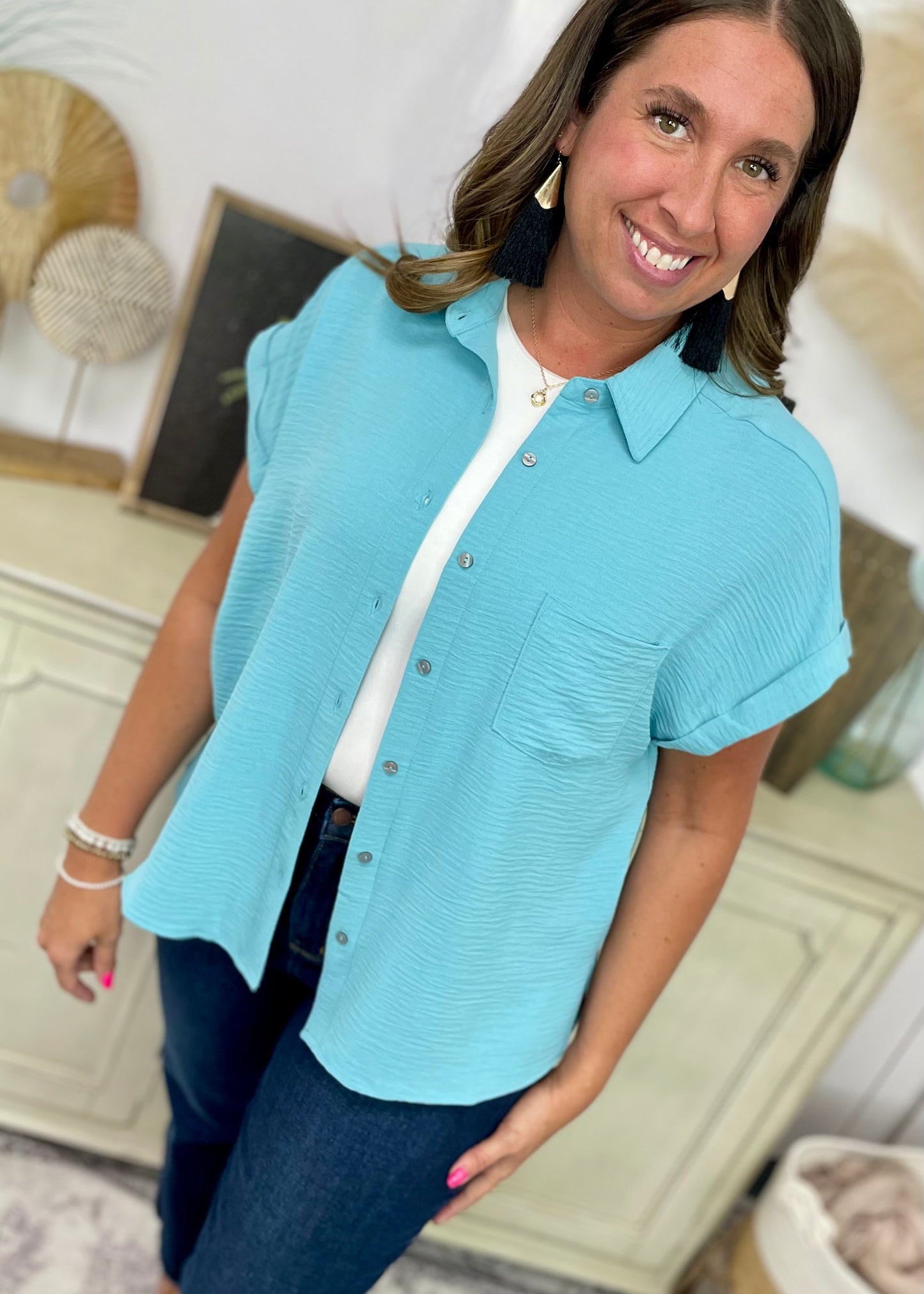 Teal Sunlit Breeze Button Down Top