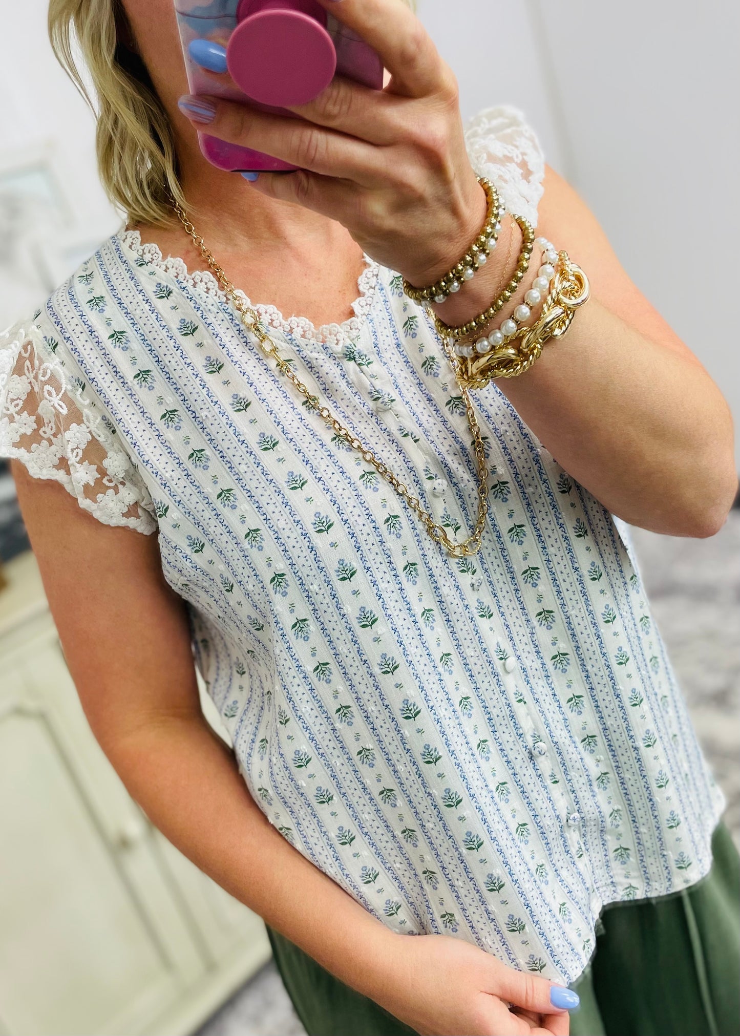 STRIPE FLORAL V NECK LACE TRIM BUTTON DOWN BLOUSE : BLUE MULTI