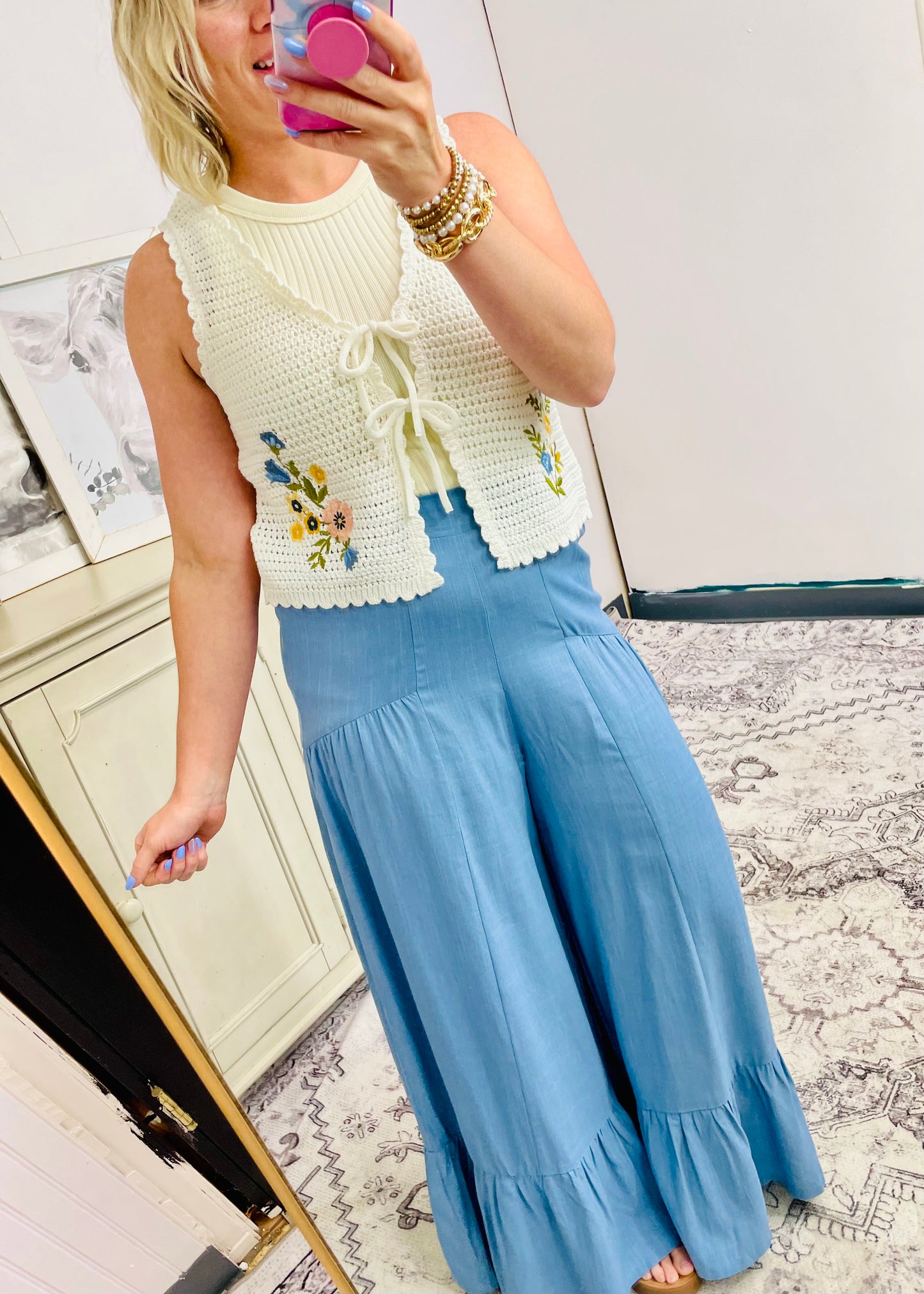 Palazzo Elastic Waist Comfy Pants: SKY