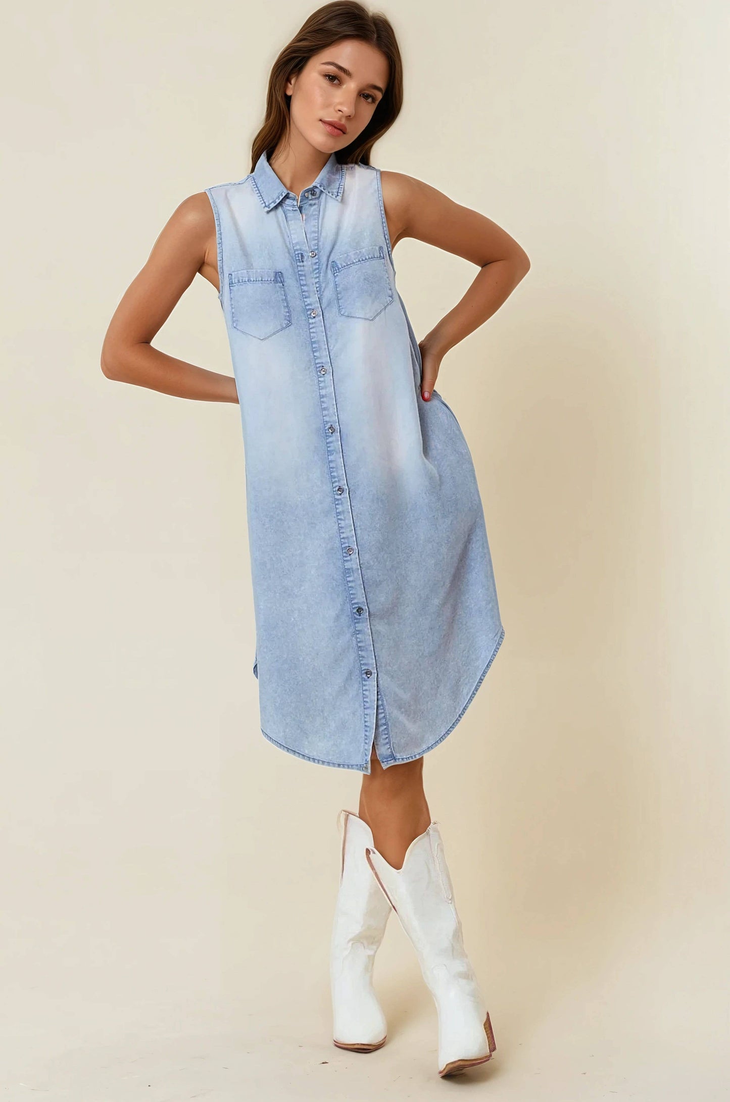 SLEEVELESS TENCEL DENIM SHIRT DRESS