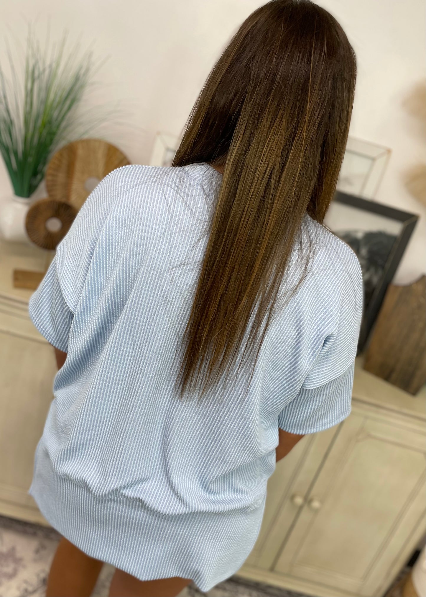 Powder Blue - Short Sleeve Oversized Ribbed Knit Top