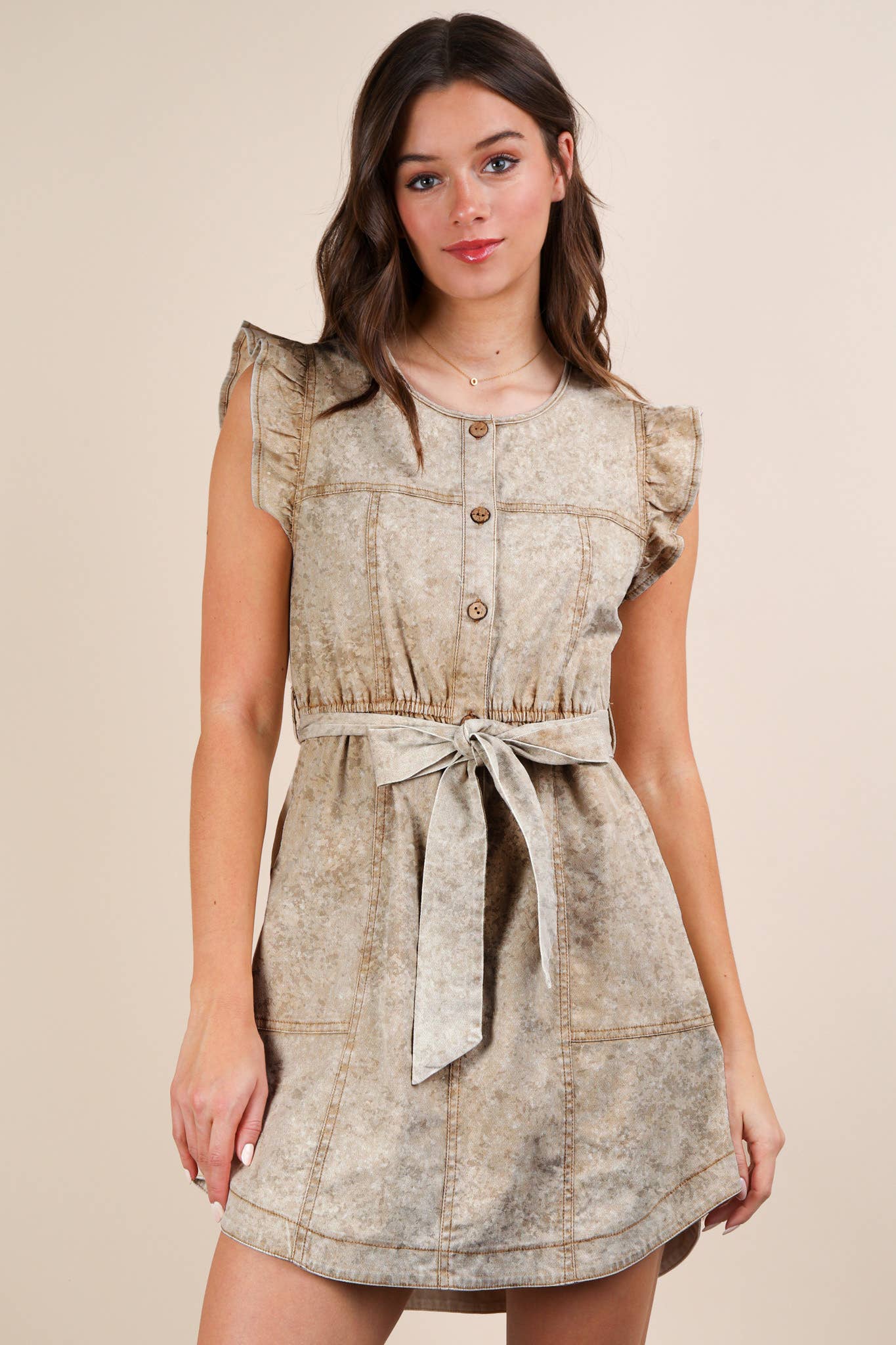 Washed Chambray Ruffle Detail Mini Dress: INDIGO