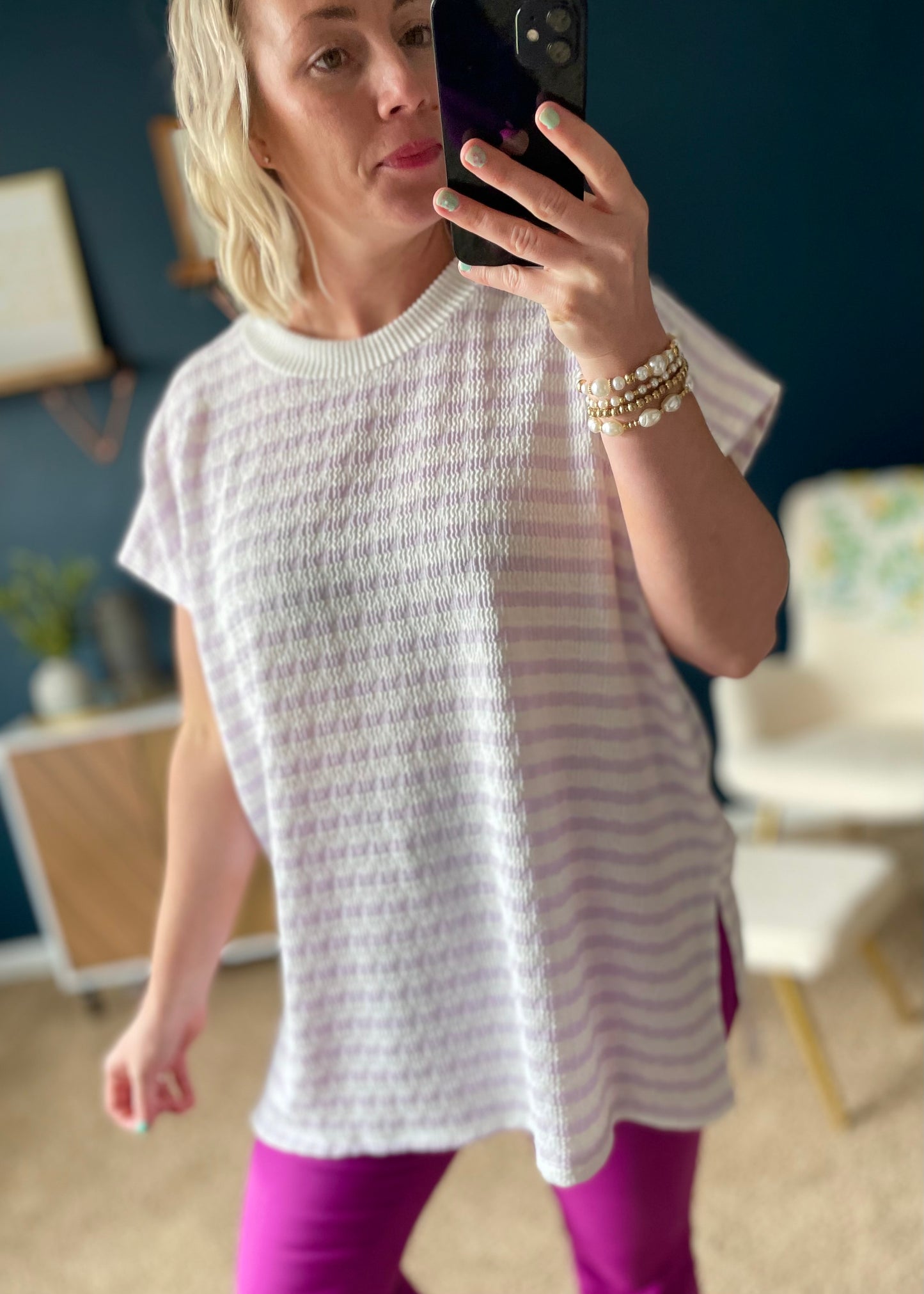 Lavender - Bubble Cap Sleeve Striped Tunic
