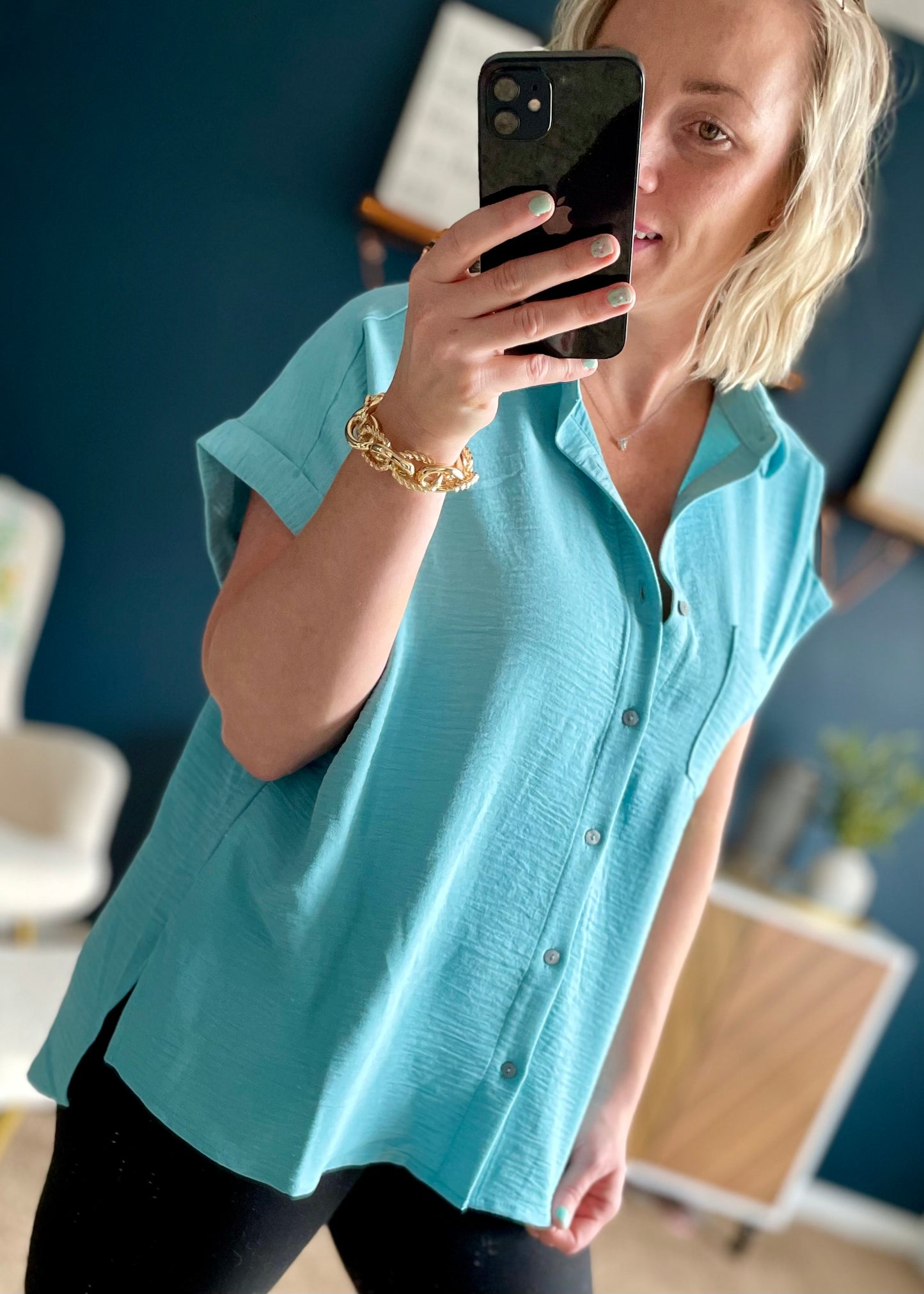 Teal Sunlit Breeze Button Down Top