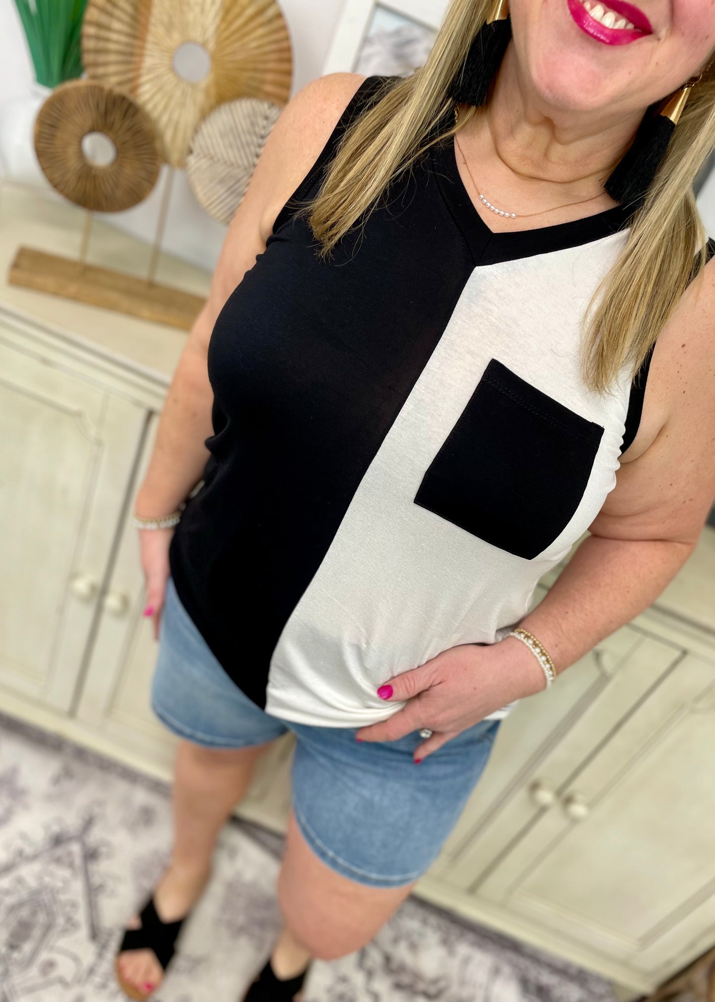 Ebony & Ivory V Neck Sleeveless Top