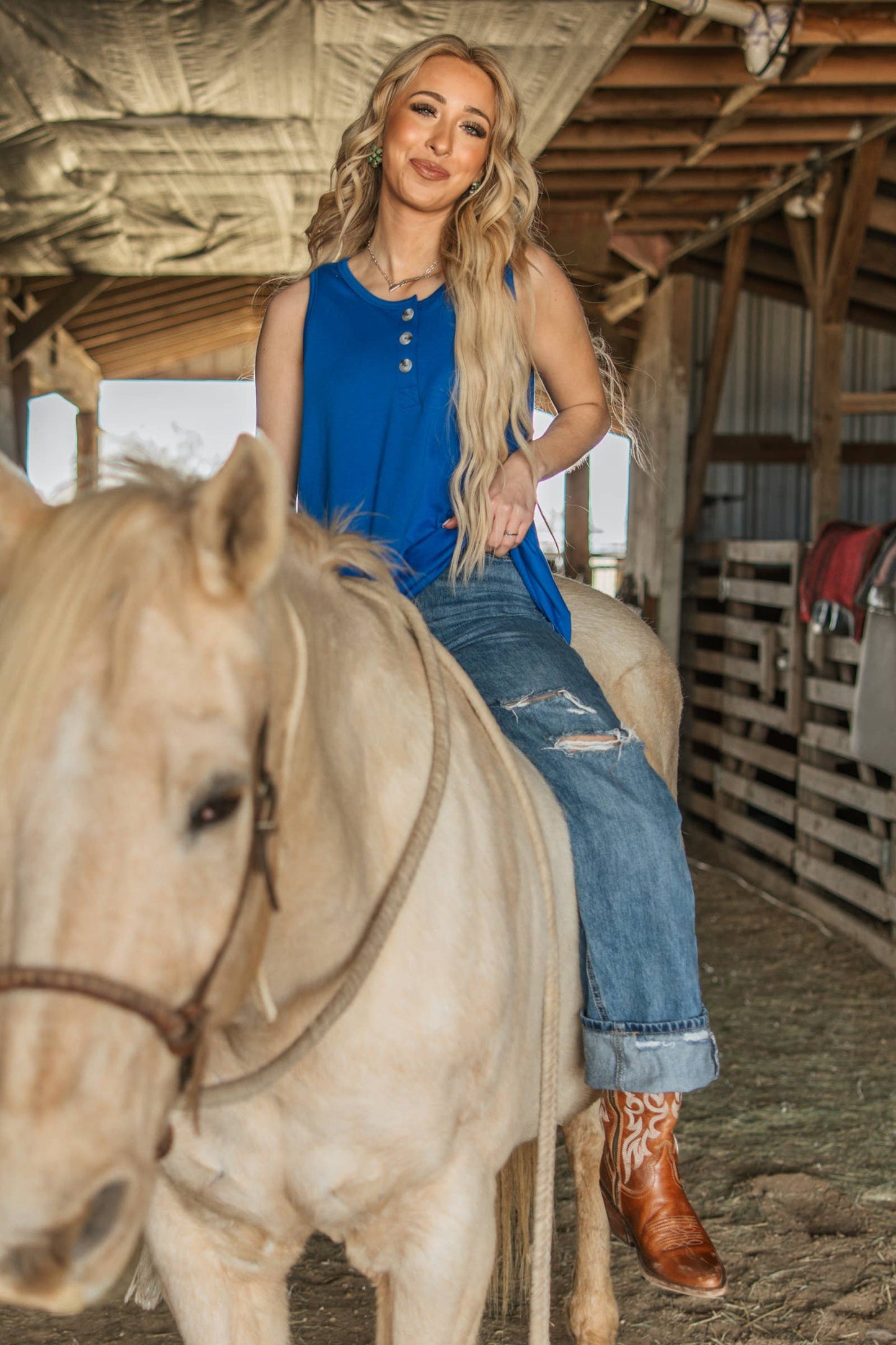 ROYAL BLUE: Front Button Detail Terry Cloth Tank Top