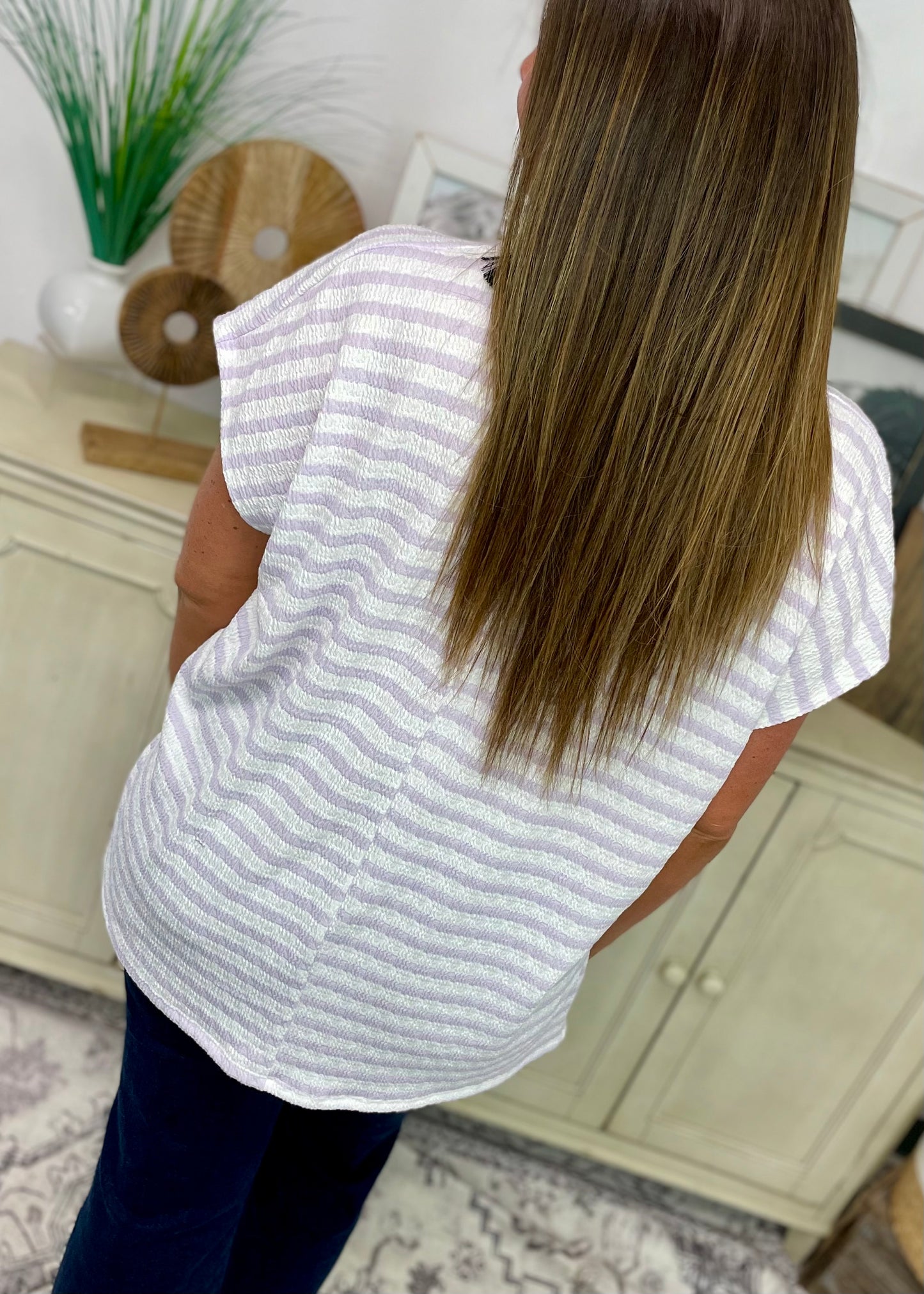 Lavender - Bubble Cap Sleeve Striped Tunic
