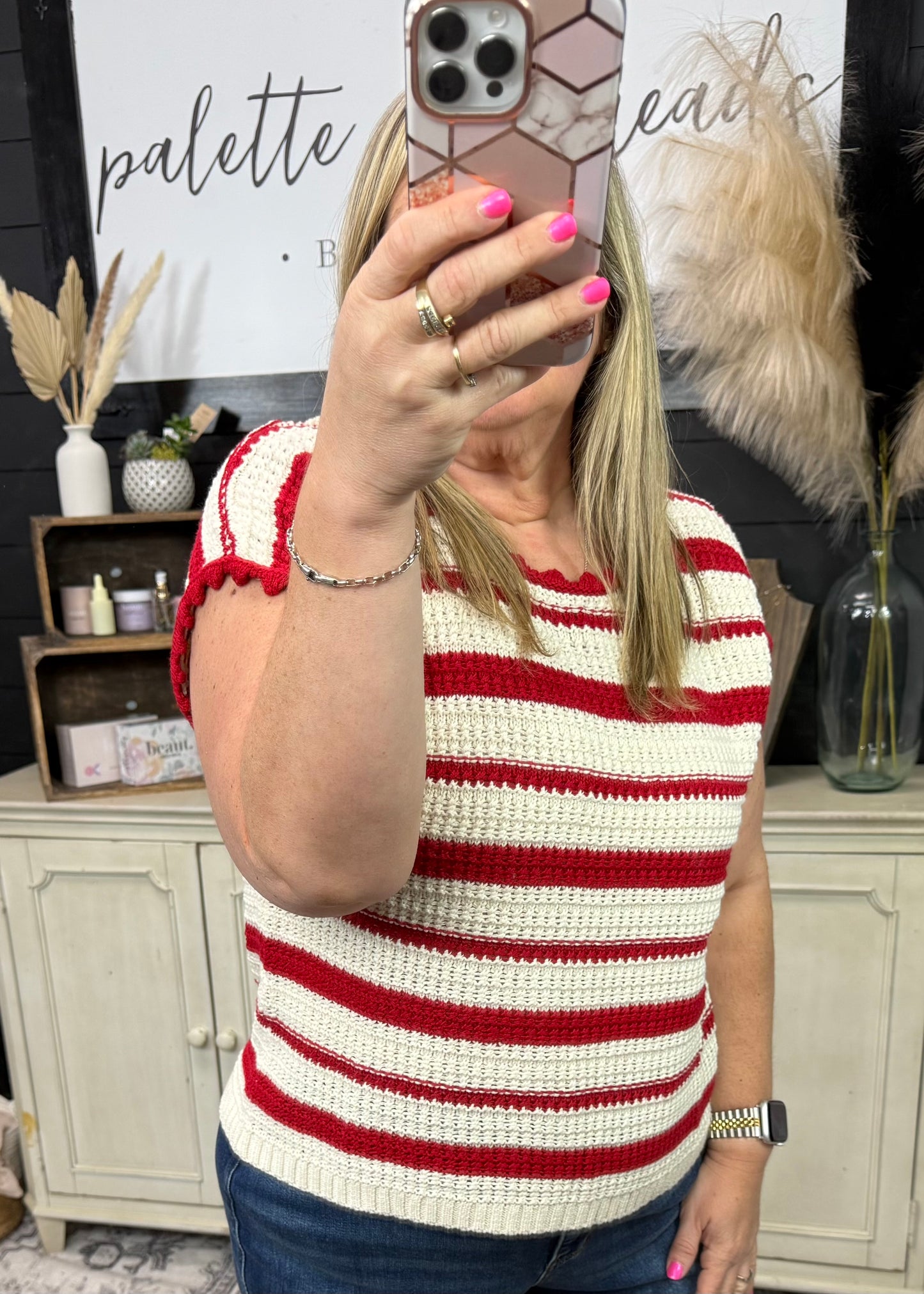 STRIPE SCALLOP TRIM SHORT SLEEVE CROCHET SWEATER