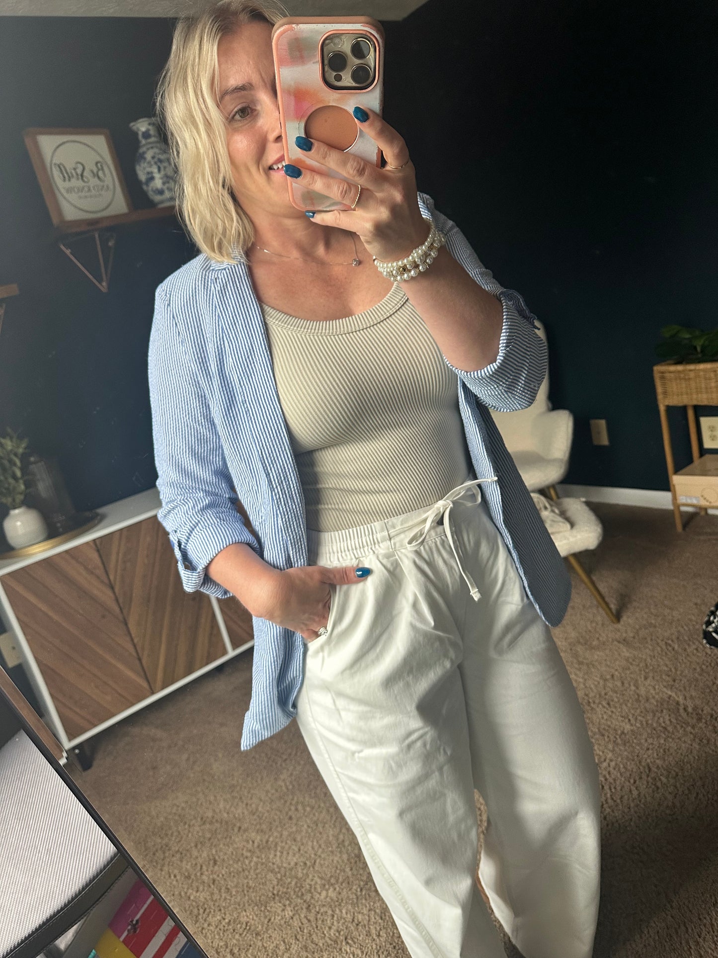 Seersucker Stripe Open Front Blazer: Blue White