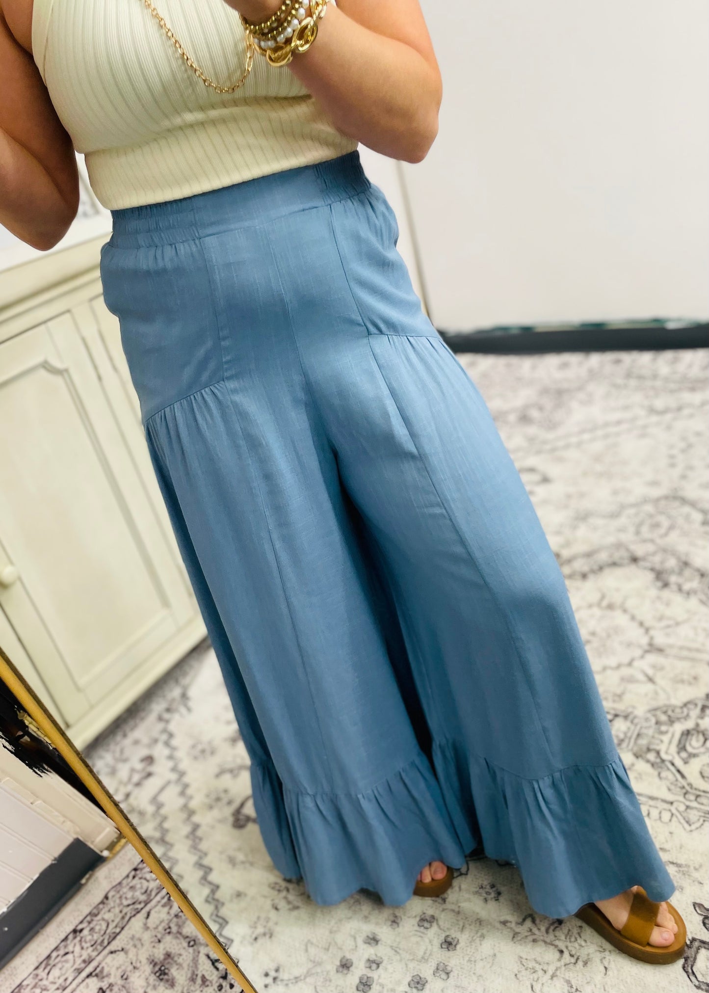 Palazzo Elastic Waist Comfy Pants: SKY