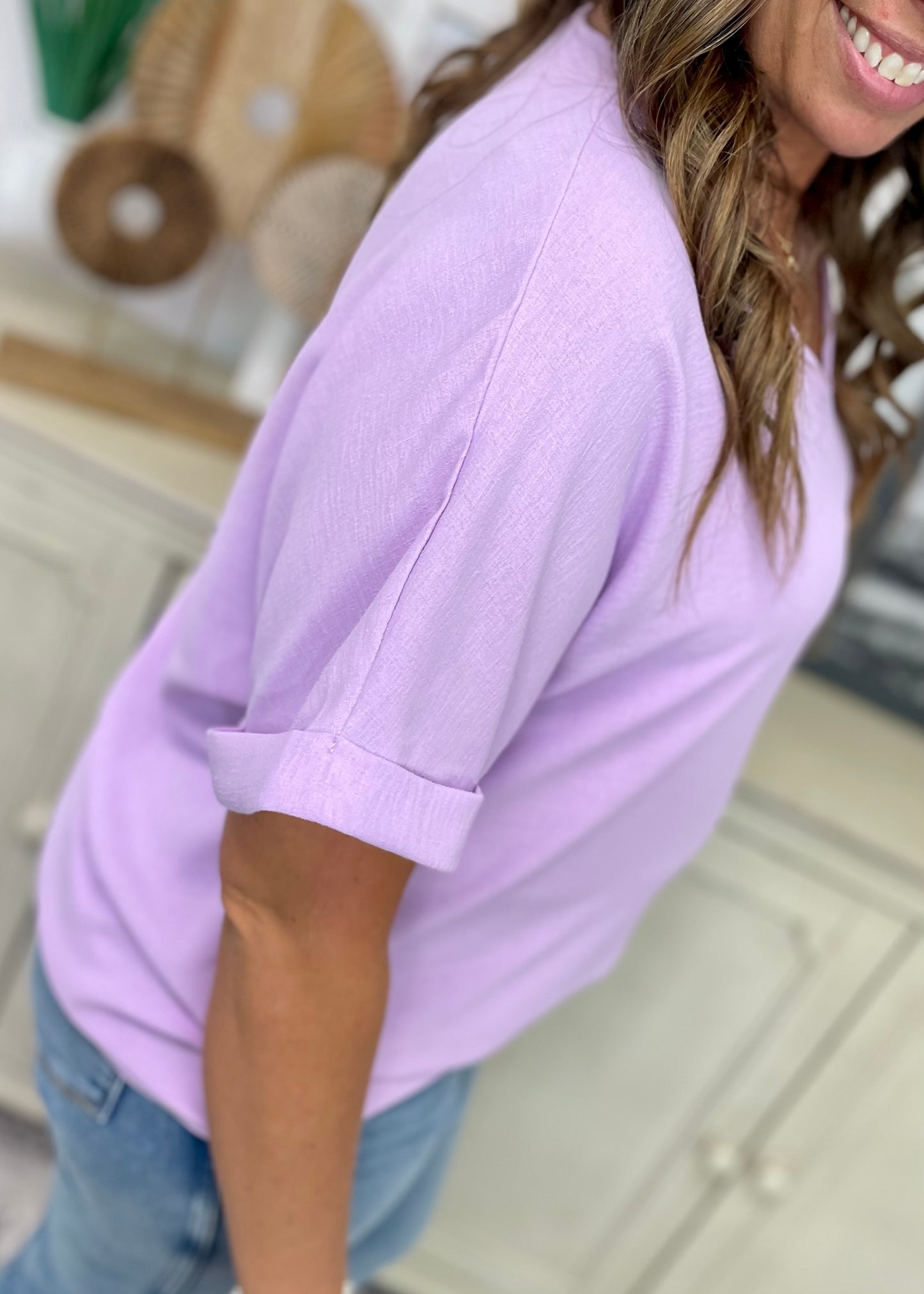 Lilac - Dolman Sleeve V Neck Blouse Top