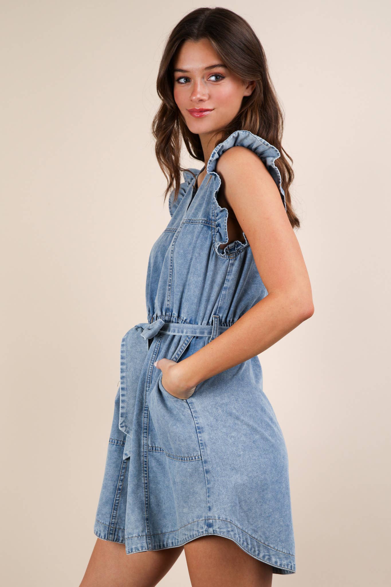 Washed Chambray Ruffle Detail Mini Dress: INDIGO