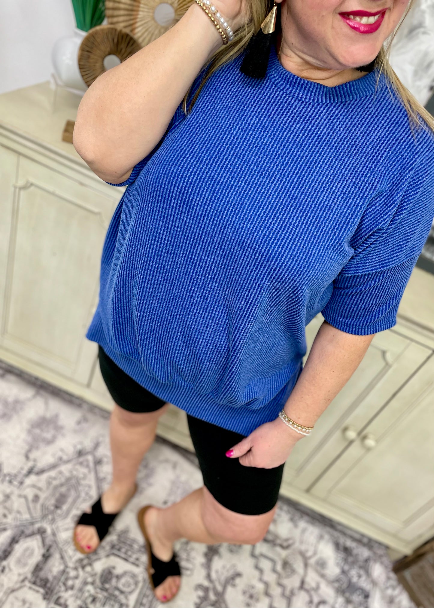 Royal Blue - Short Sleeve Oversized Ribbed Knit Top