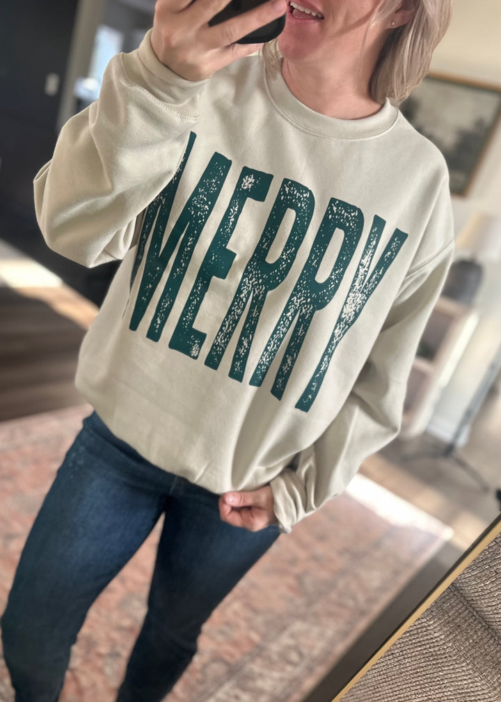 DISTRESSED MERRY TEE OR SWEATSHIRT