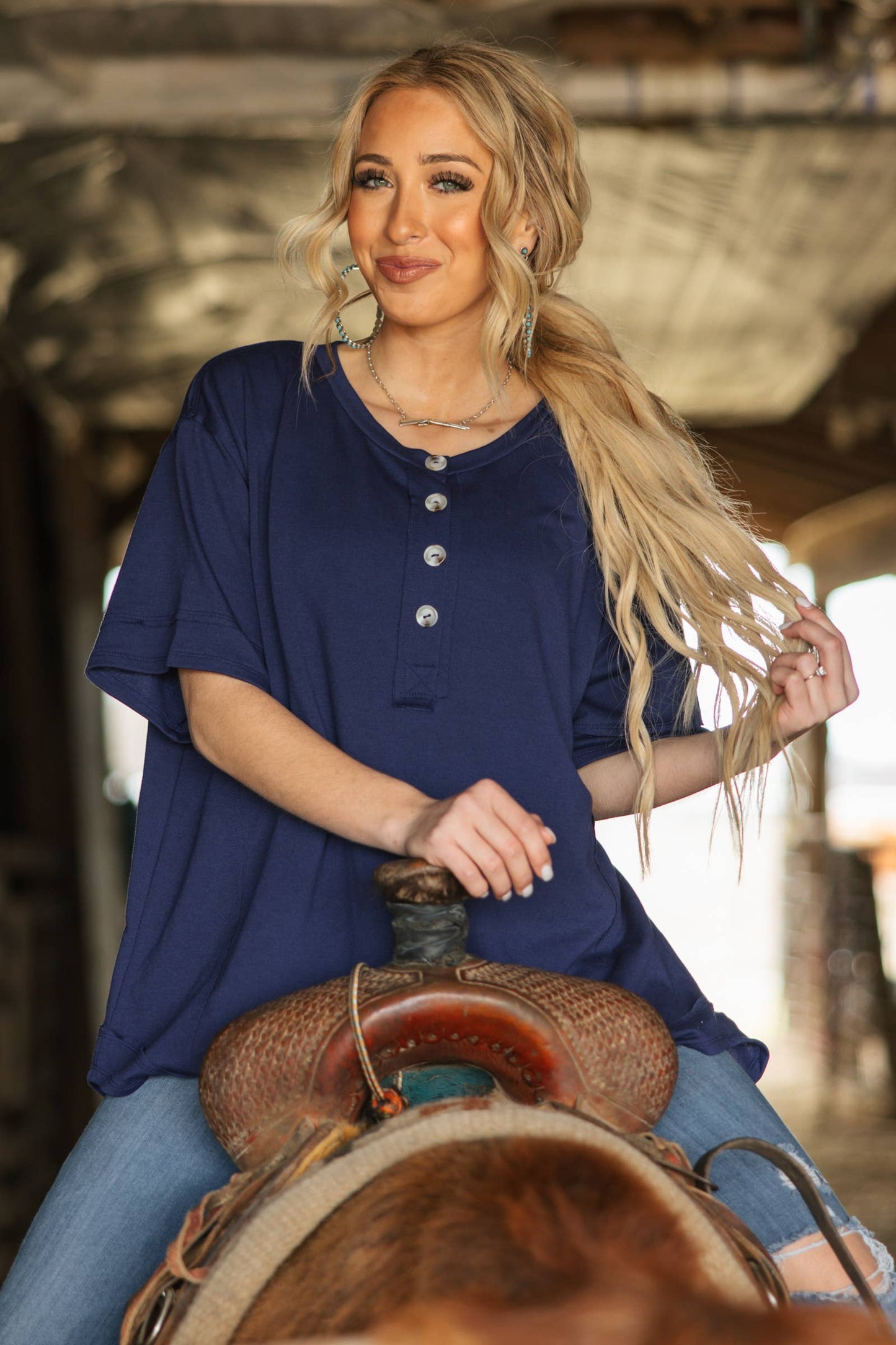 Front Button Detail Terry Cloth Top: KELLY GREEN