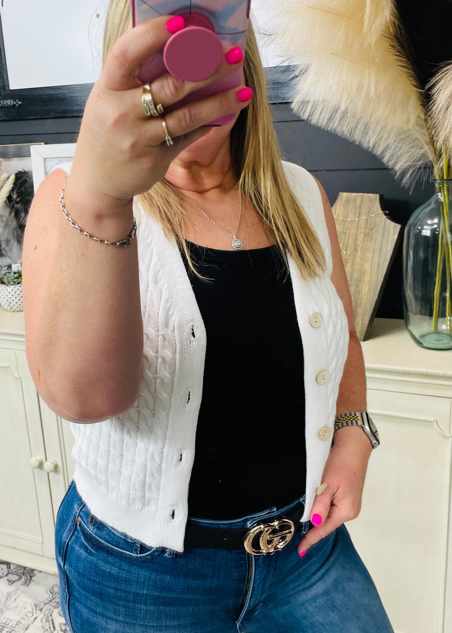 V NECK BUTTON DOWN CABLE KNIT SWEATER VEST