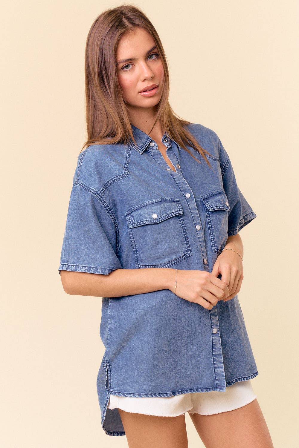 SHORT SLEEVE OVERSIZED DENIM BUTTON DOWN SHIRT