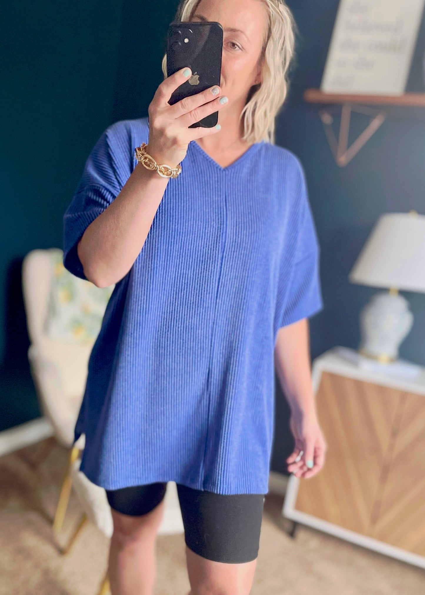 Royal Blue - V Neck Oversized Ribbed Knit Top