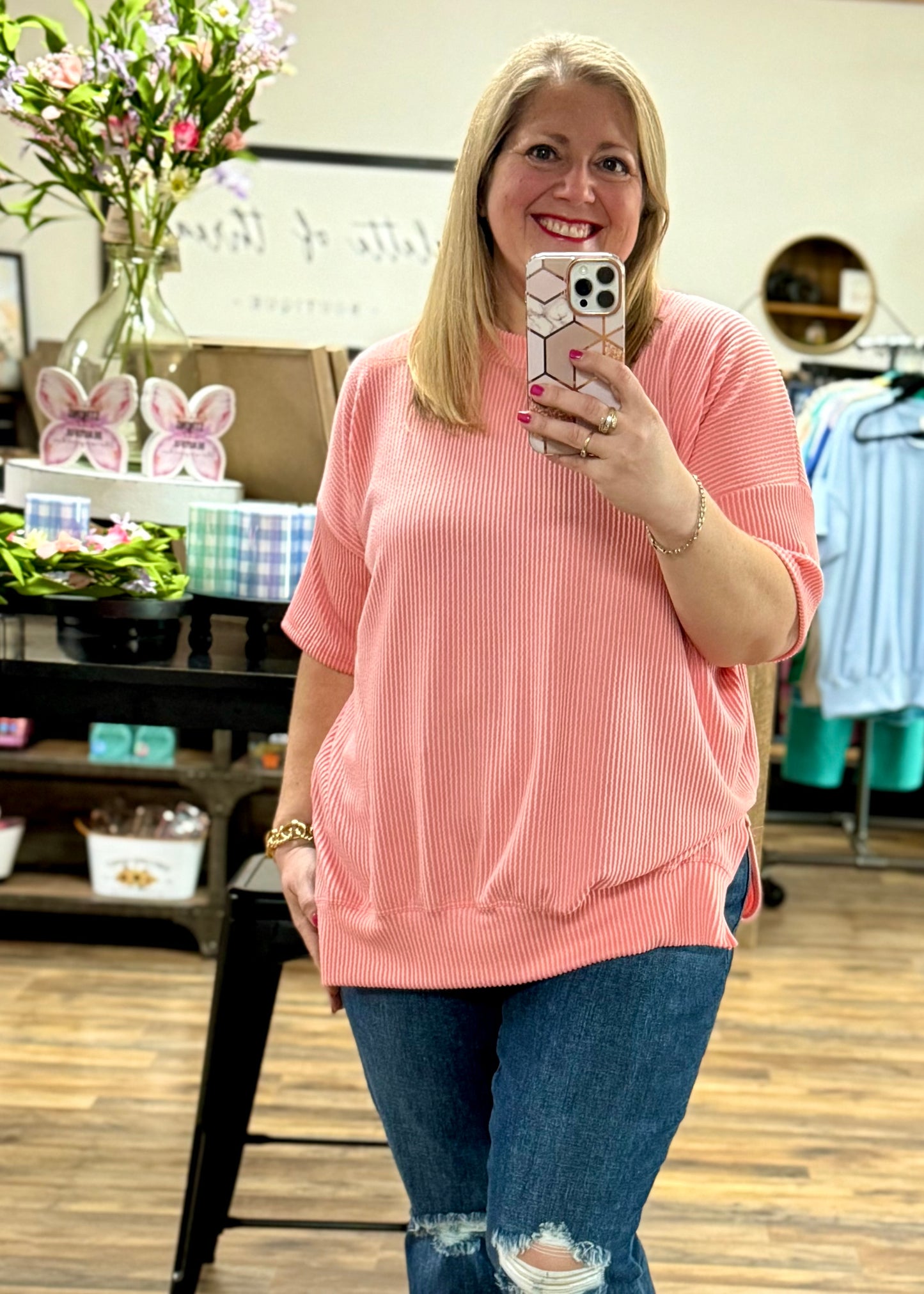 Salmon - Short Sleeve Oversized Ribbed Knit Top
