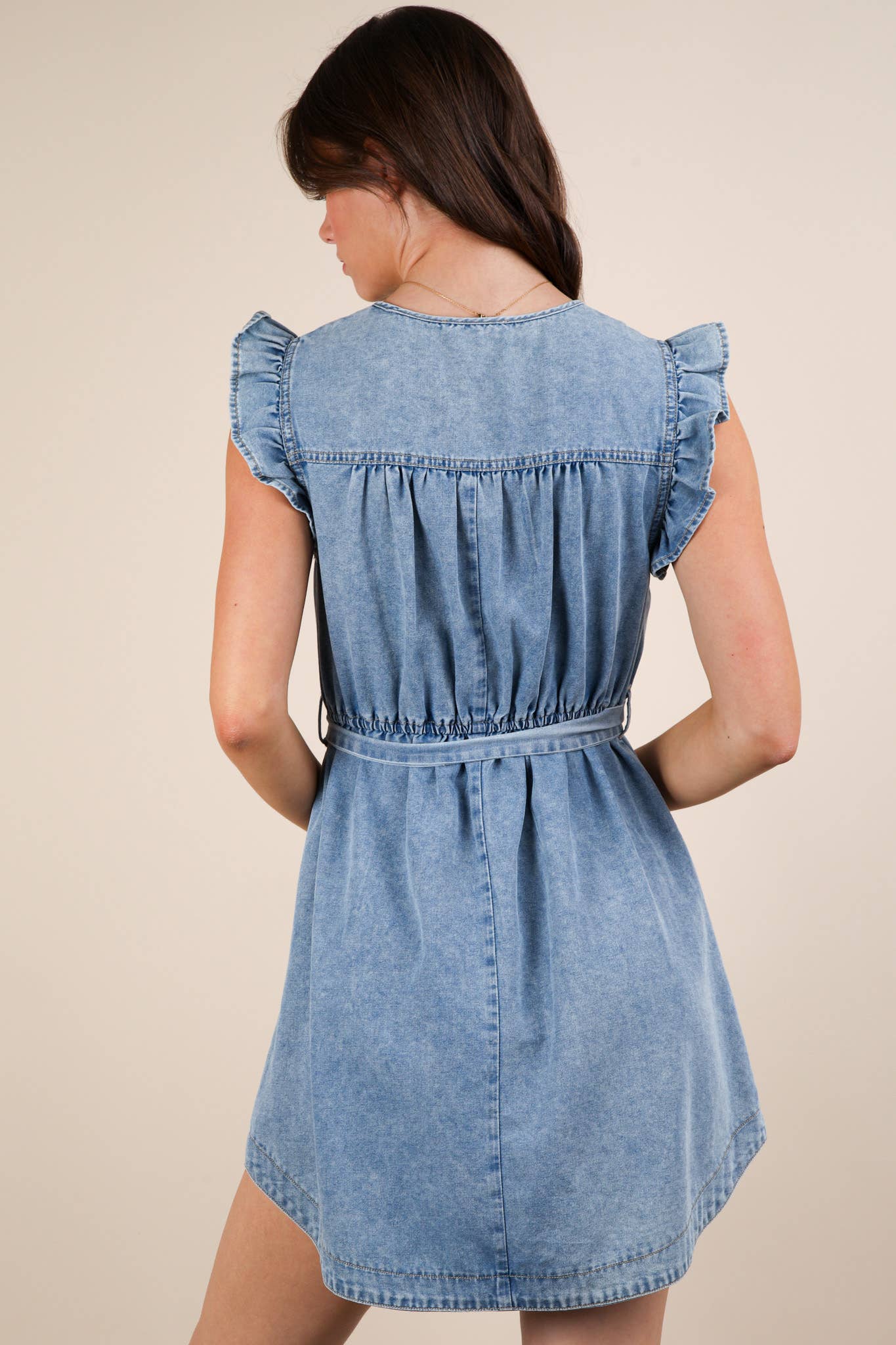 Washed Chambray Ruffle Detail Mini Dress: INDIGO