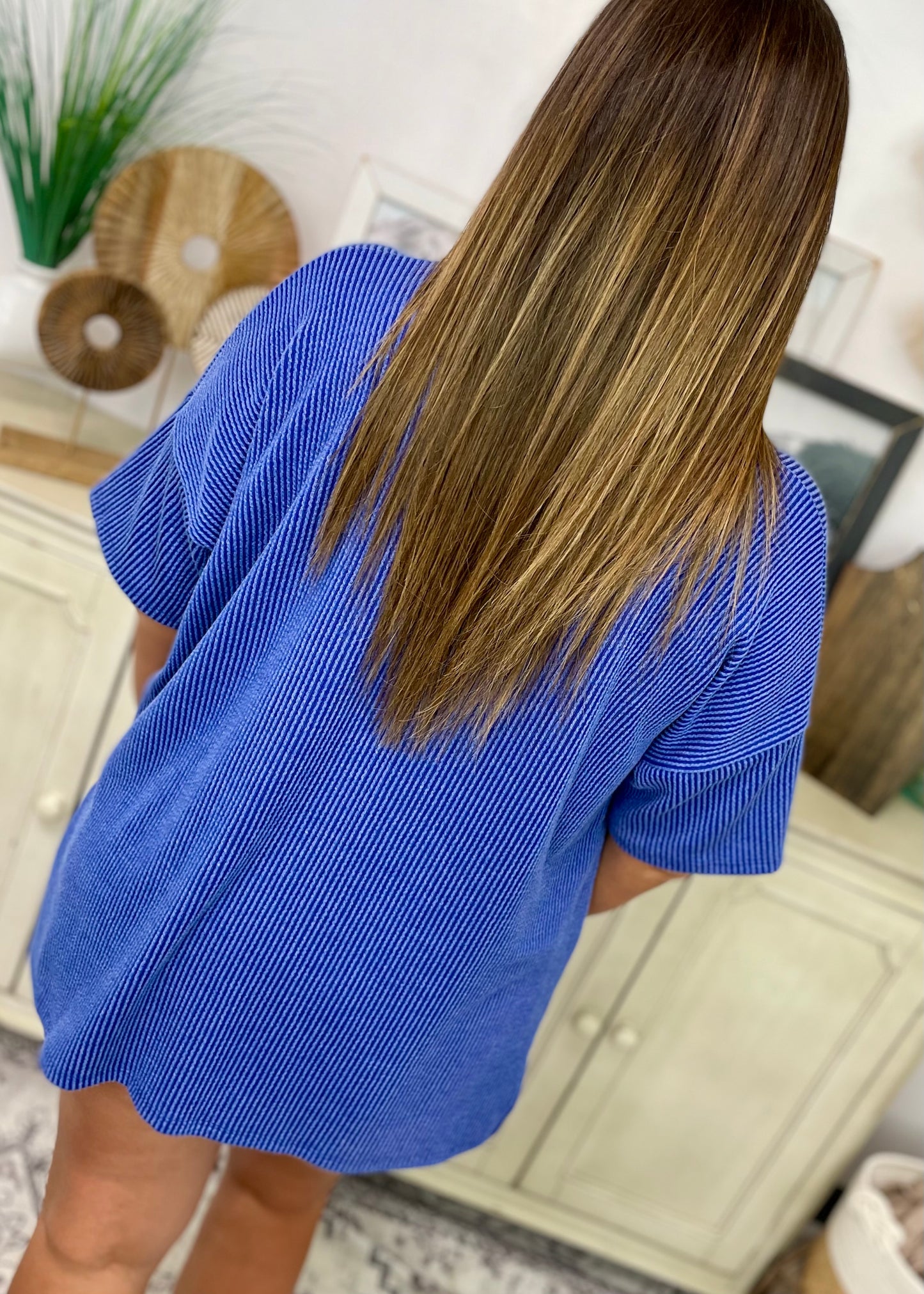 Royal Blue - V Neck Oversized Ribbed Knit Top