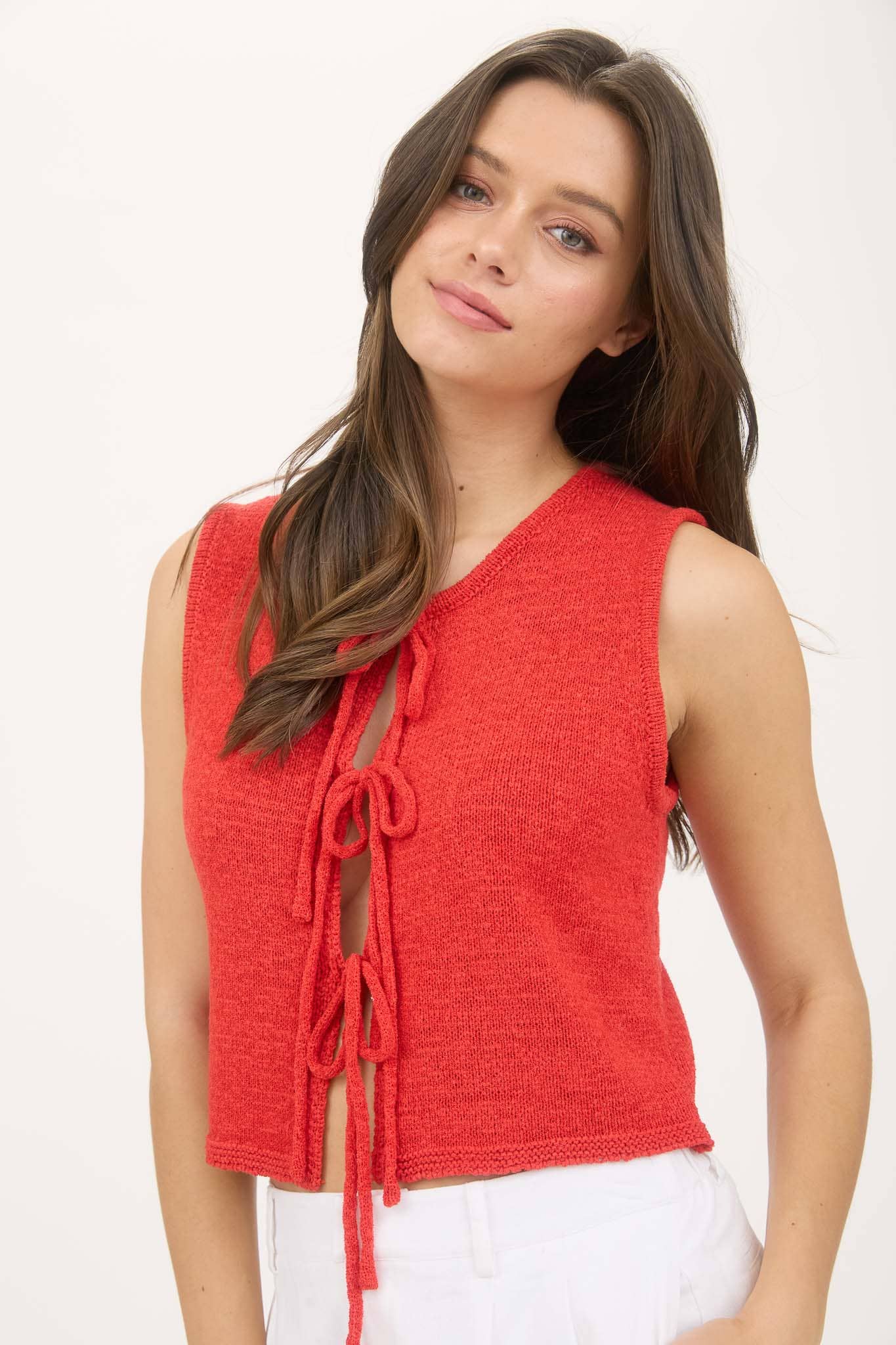 FRONT TIE DETAIL SLEEVELESS KNIT SWEATER VEST