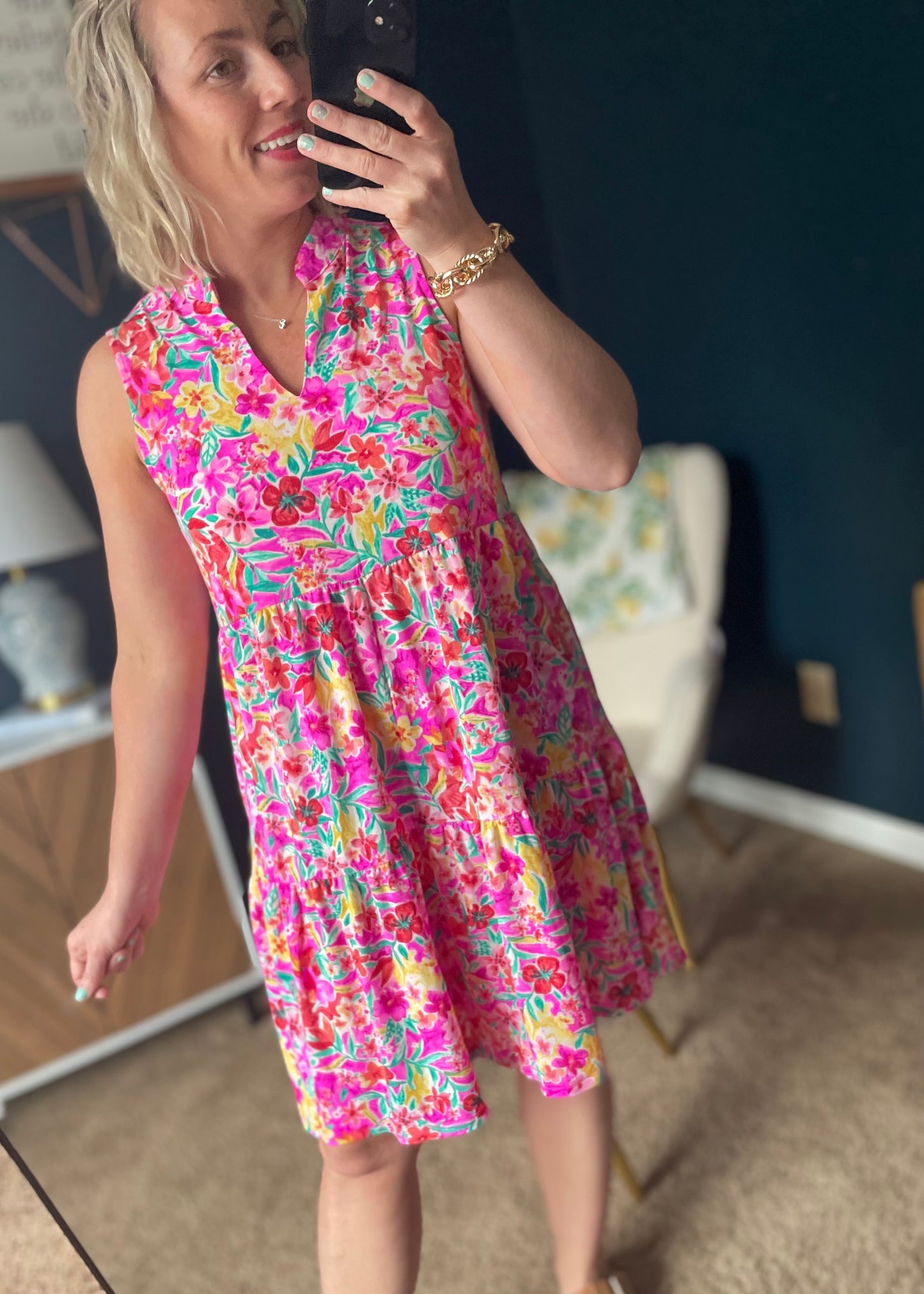 Hot Pink Floral Tiered Dress