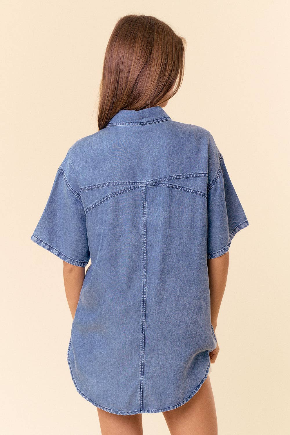 SHORT SLEEVE OVERSIZED DENIM BUTTON DOWN SHIRT