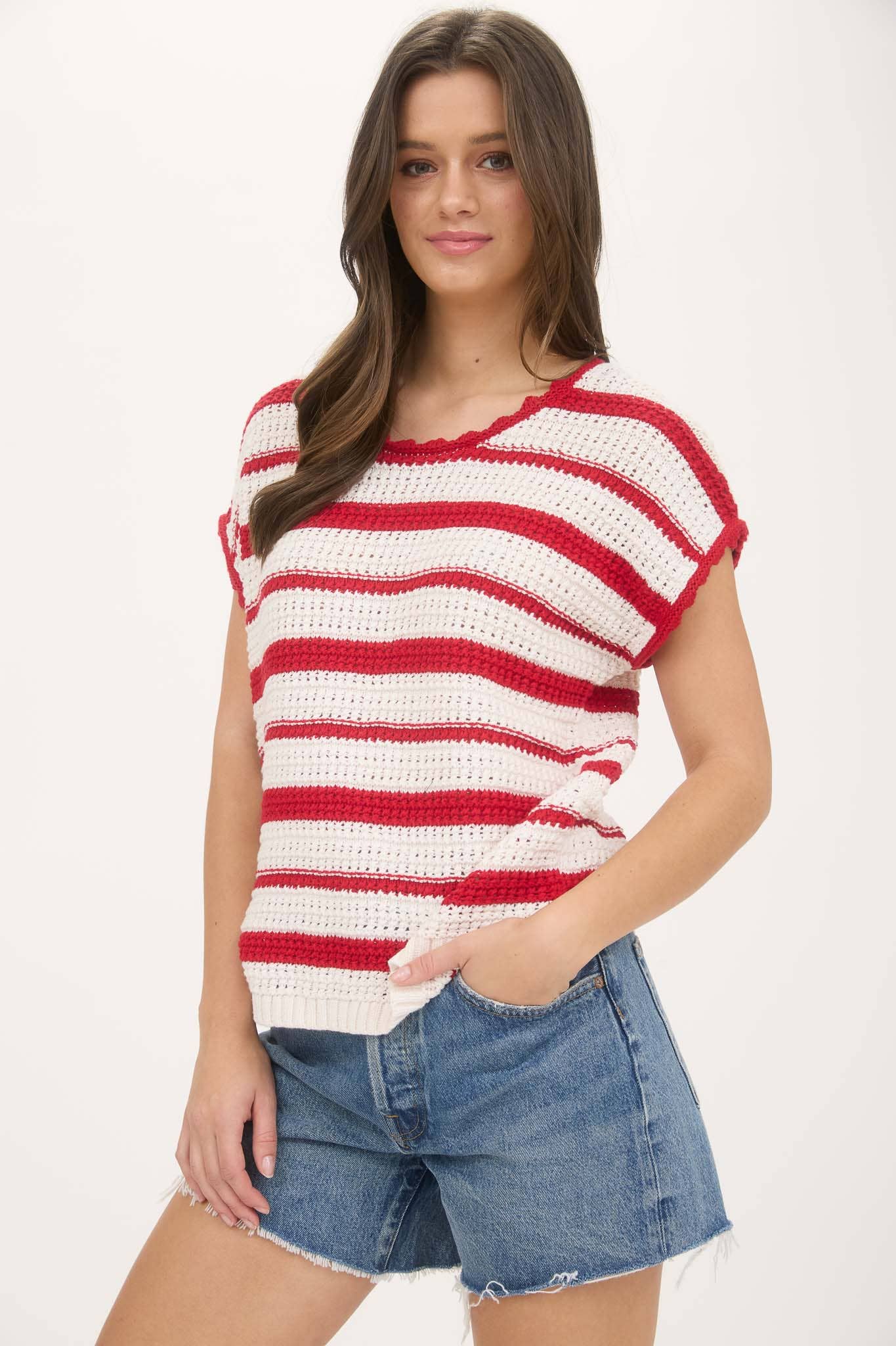 STRIPE SCALLOP TRIM SHORT SLEEVE CROCHET SWEATER