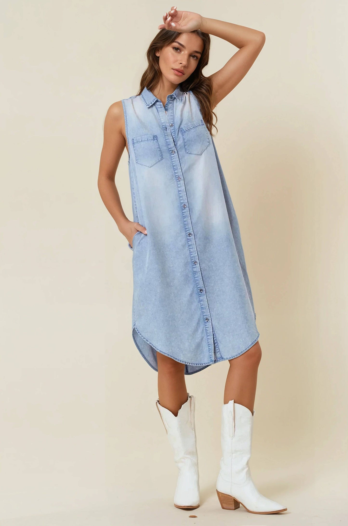 SLEEVELESS TENCEL DENIM SHIRT DRESS