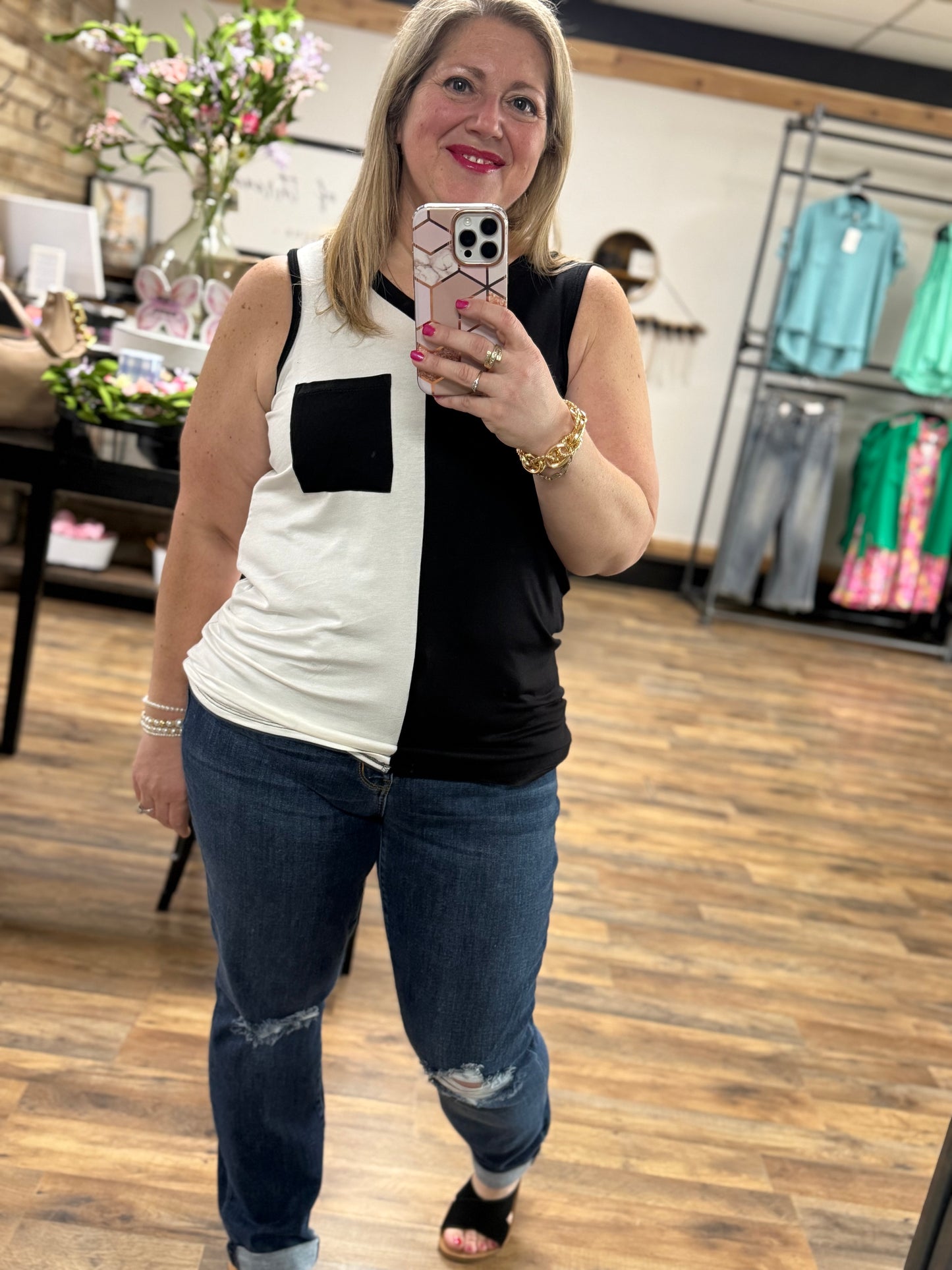 Ebony & Ivory V Neck Sleeveless Top