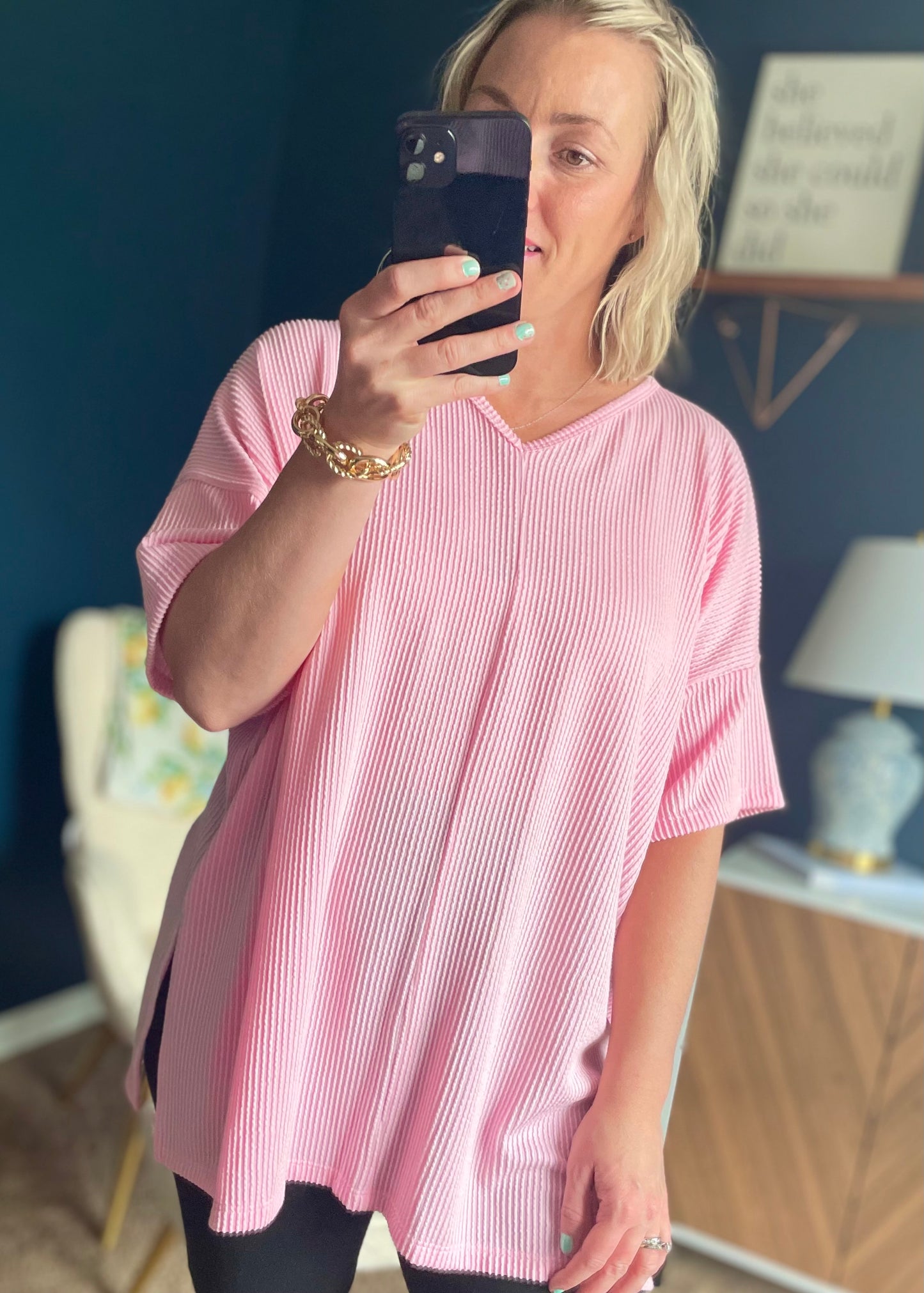 Light Pink - V Neck Oversized Ribbed Knit Top